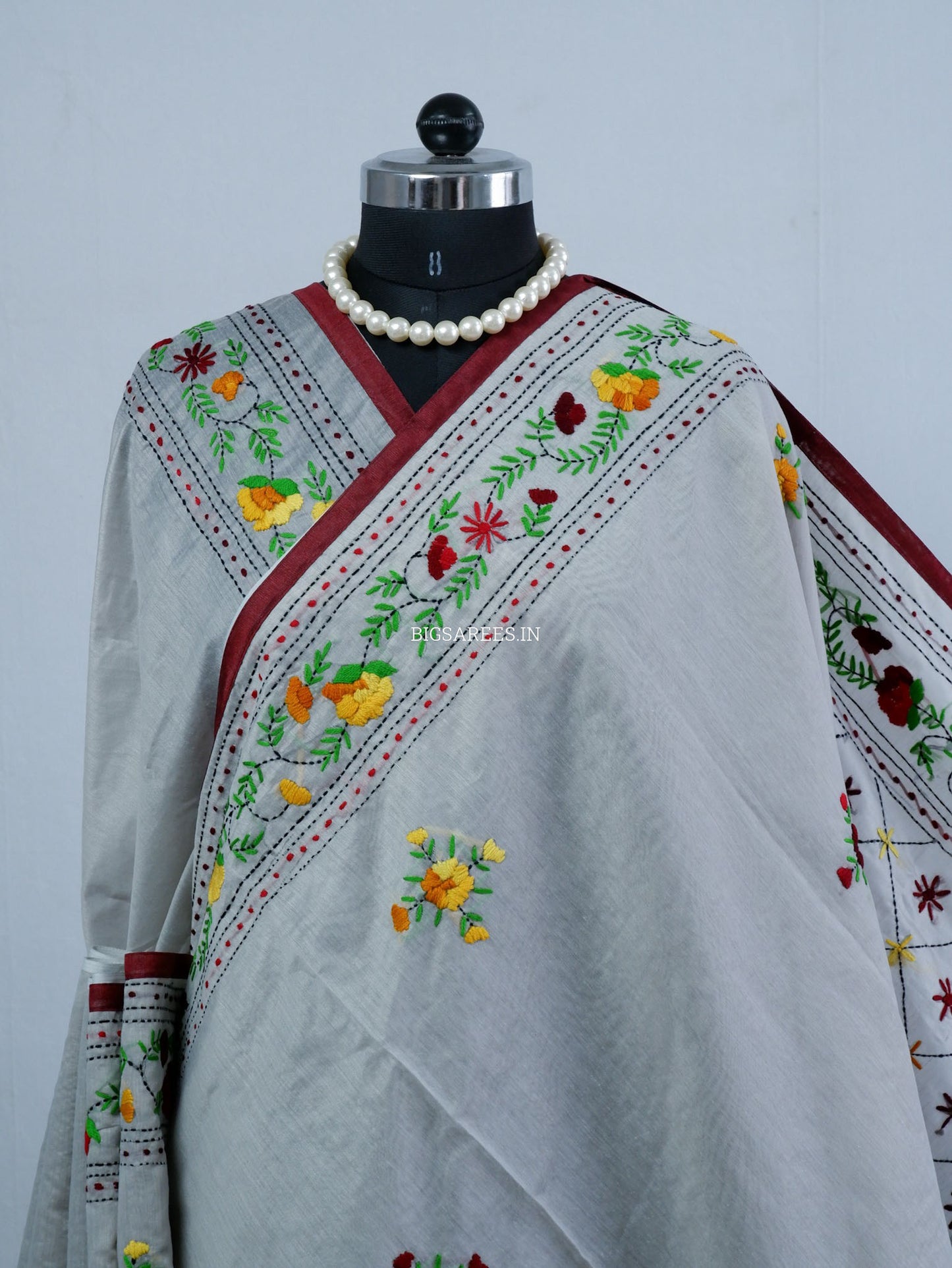 Phulkari Hand-Embroidered Saree | Chanderi Silk | Grey