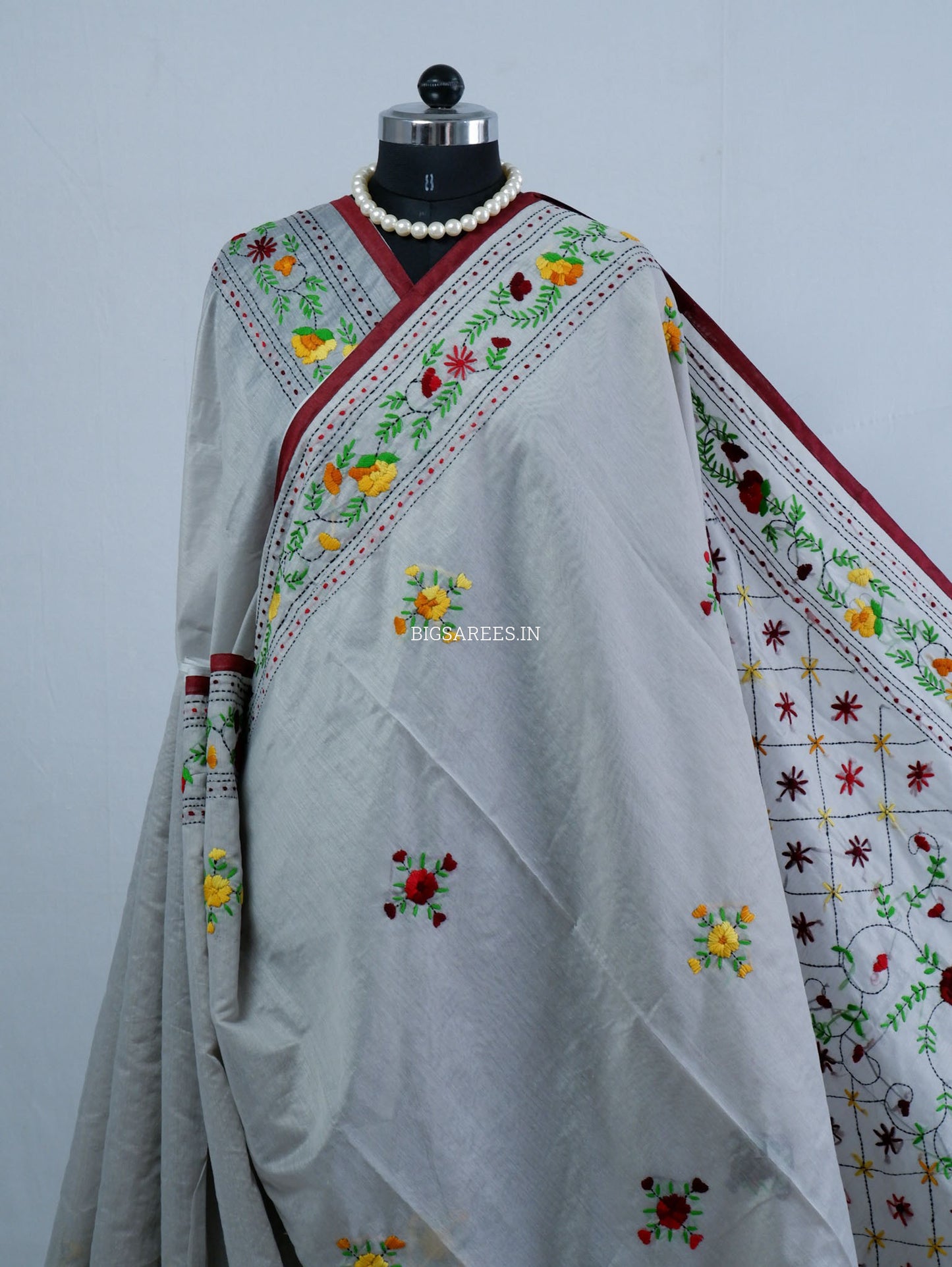 Phulkari Hand-Embroidered Saree | Chanderi Silk | Grey