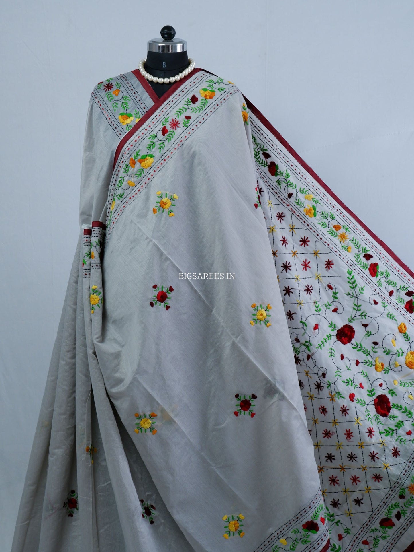 Phulkari Hand-Embroidered Saree | Chanderi Silk | Grey