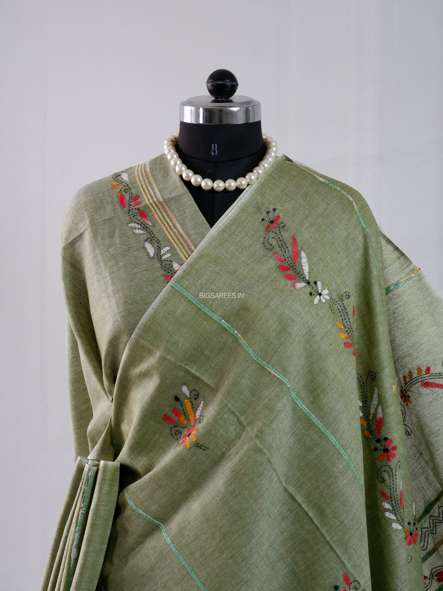 Kantha Stitch Hand-Embroidered Saree | Pure Khesh Cotton | Sage