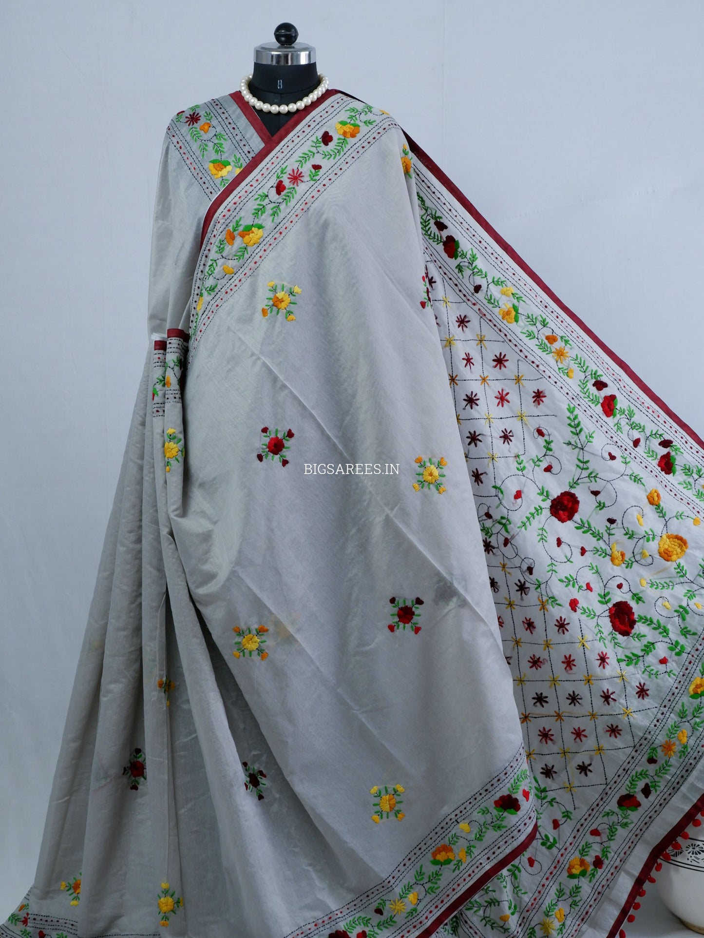 Phulkari Hand-Embroidered Saree | Chanderi Silk | Grey