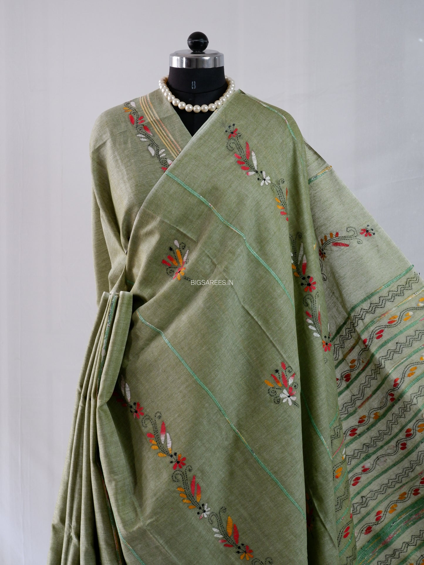Kantha Stitch Hand-Embroidered Saree | Pure Khesh Cotton | Sage
