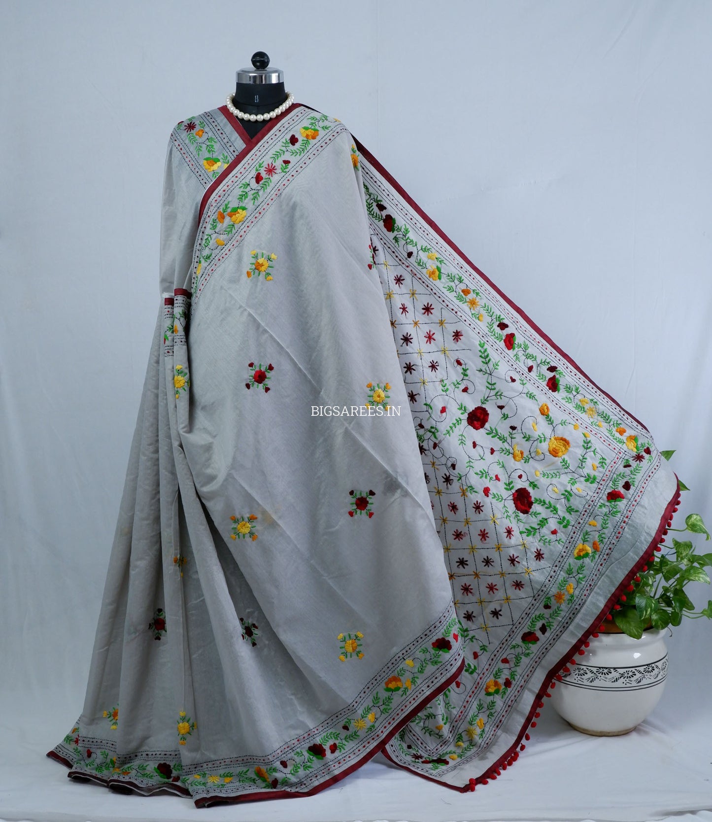 Phulkari Hand-Embroidered Saree | Chanderi Silk | Grey