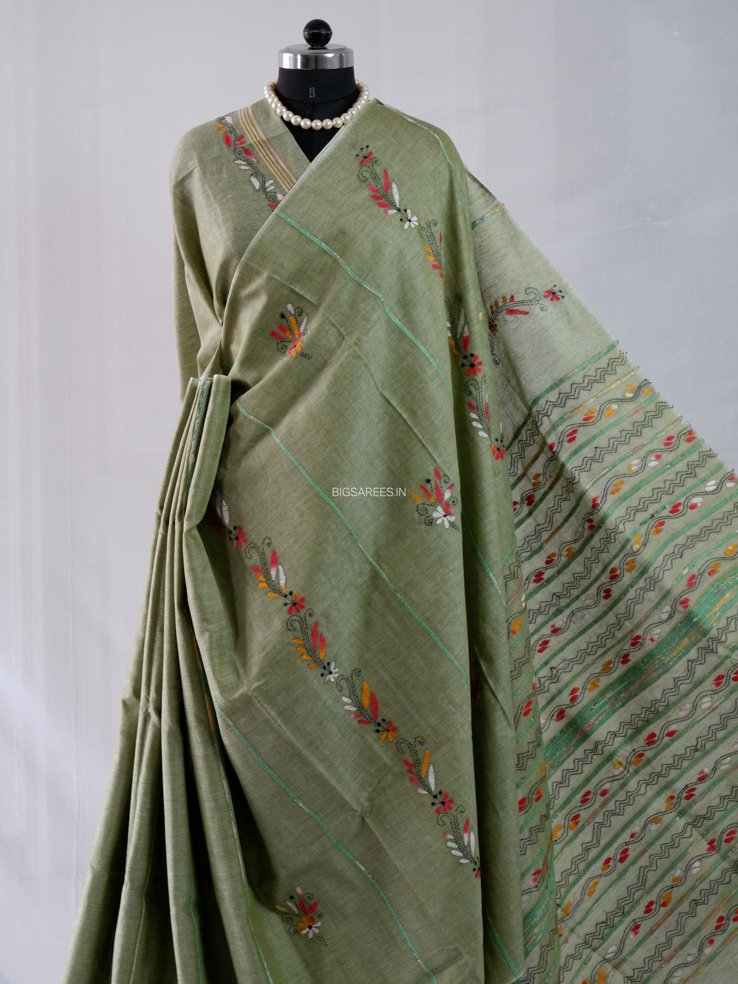 Kantha Stitch Hand-Embroidered Saree | Pure Khesh Cotton | Sage