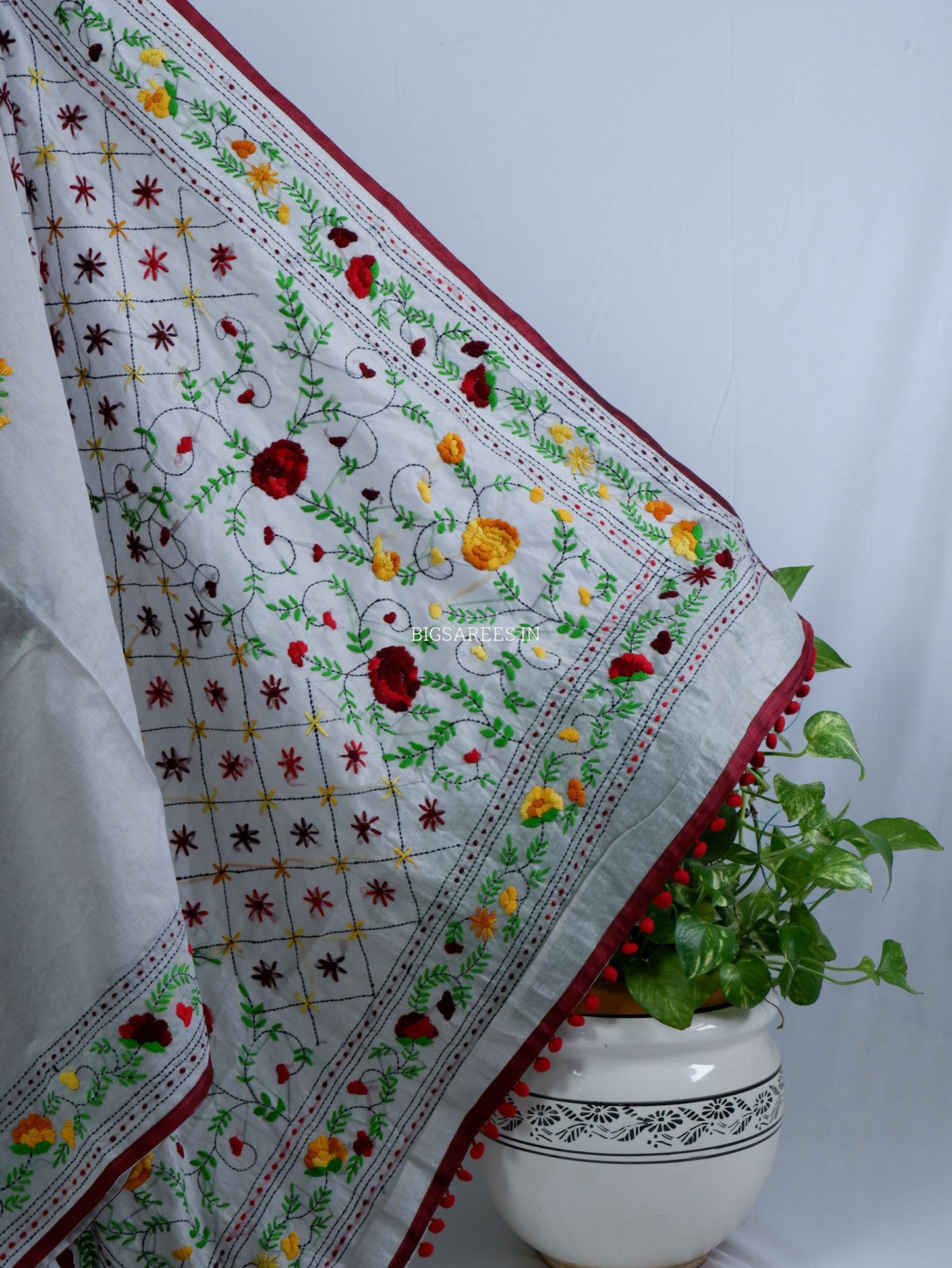 Phulkari Hand-Embroidered Saree | Chanderi Silk | Grey