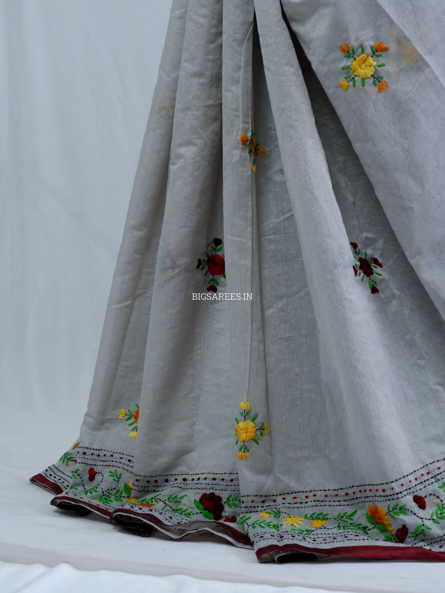 Phulkari Hand-Embroidered Saree | Chanderi Silk | Grey
