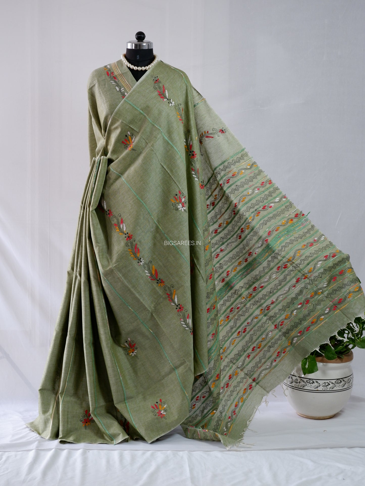 Kantha Stitch Hand-Embroidered Saree | Pure Khesh Cotton | Sage