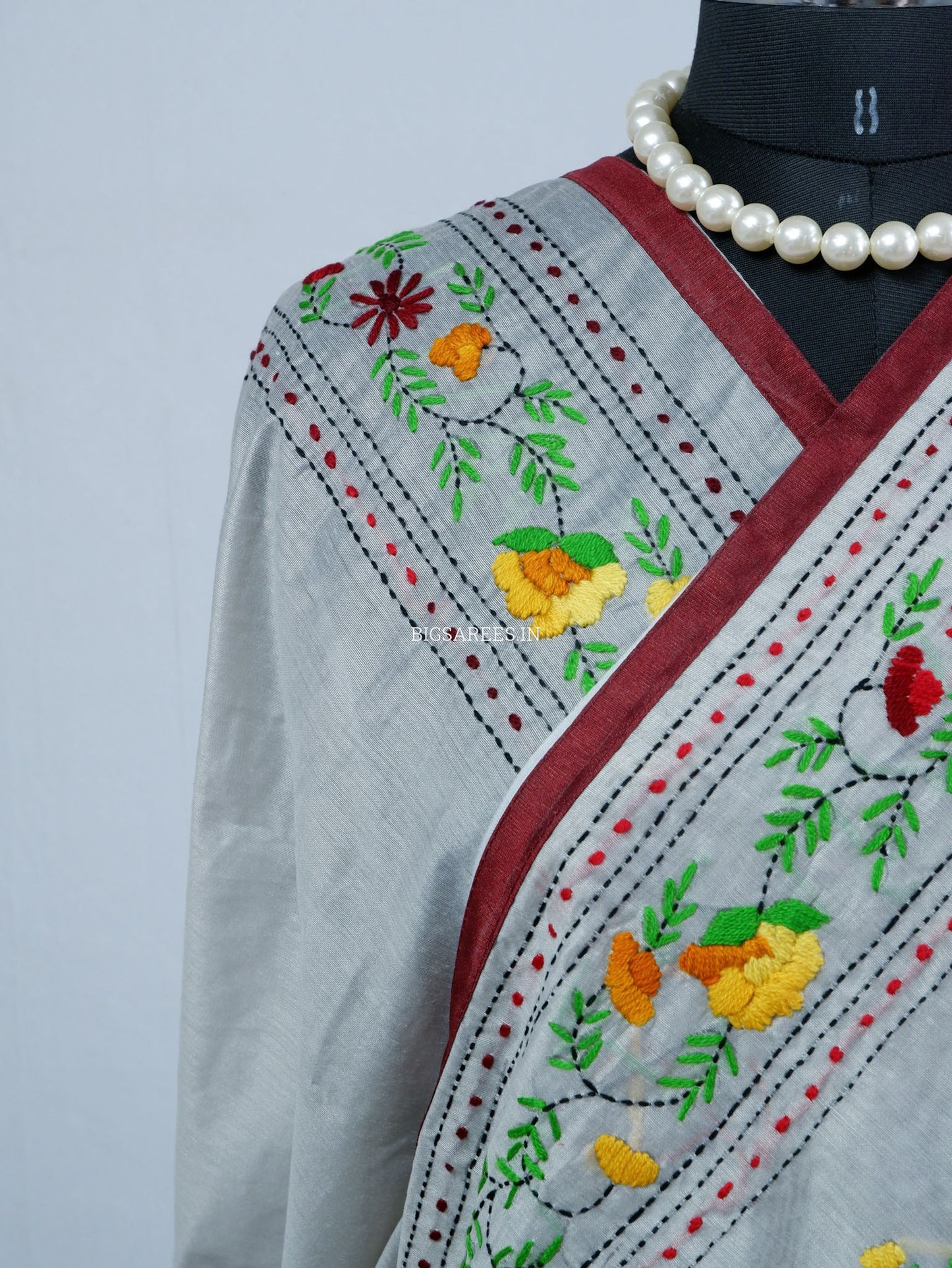 Phulkari Hand-Embroidered Saree | Chanderi Silk | Grey
