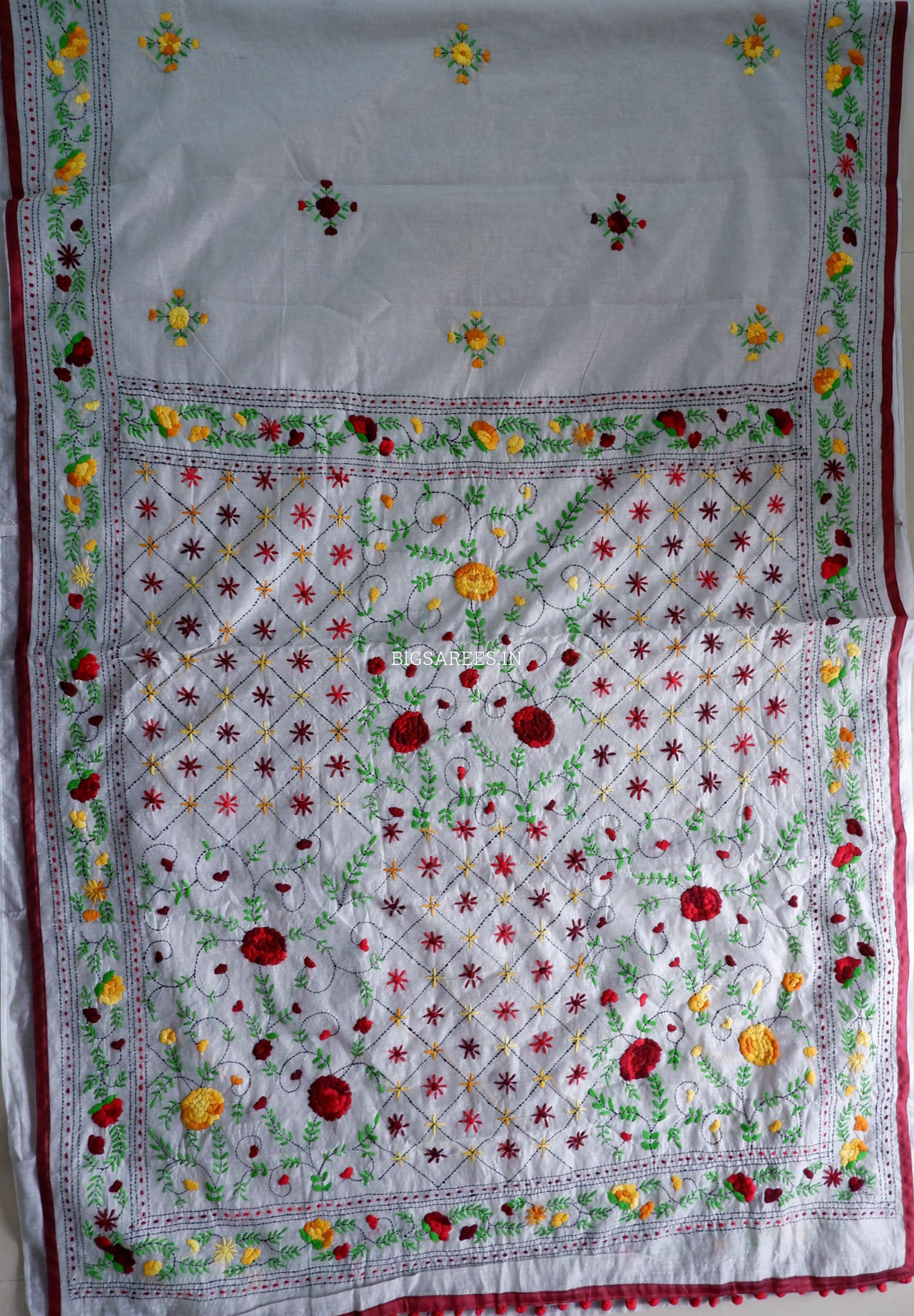 Phulkari Hand-Embroidered Saree | Chanderi Silk | Grey