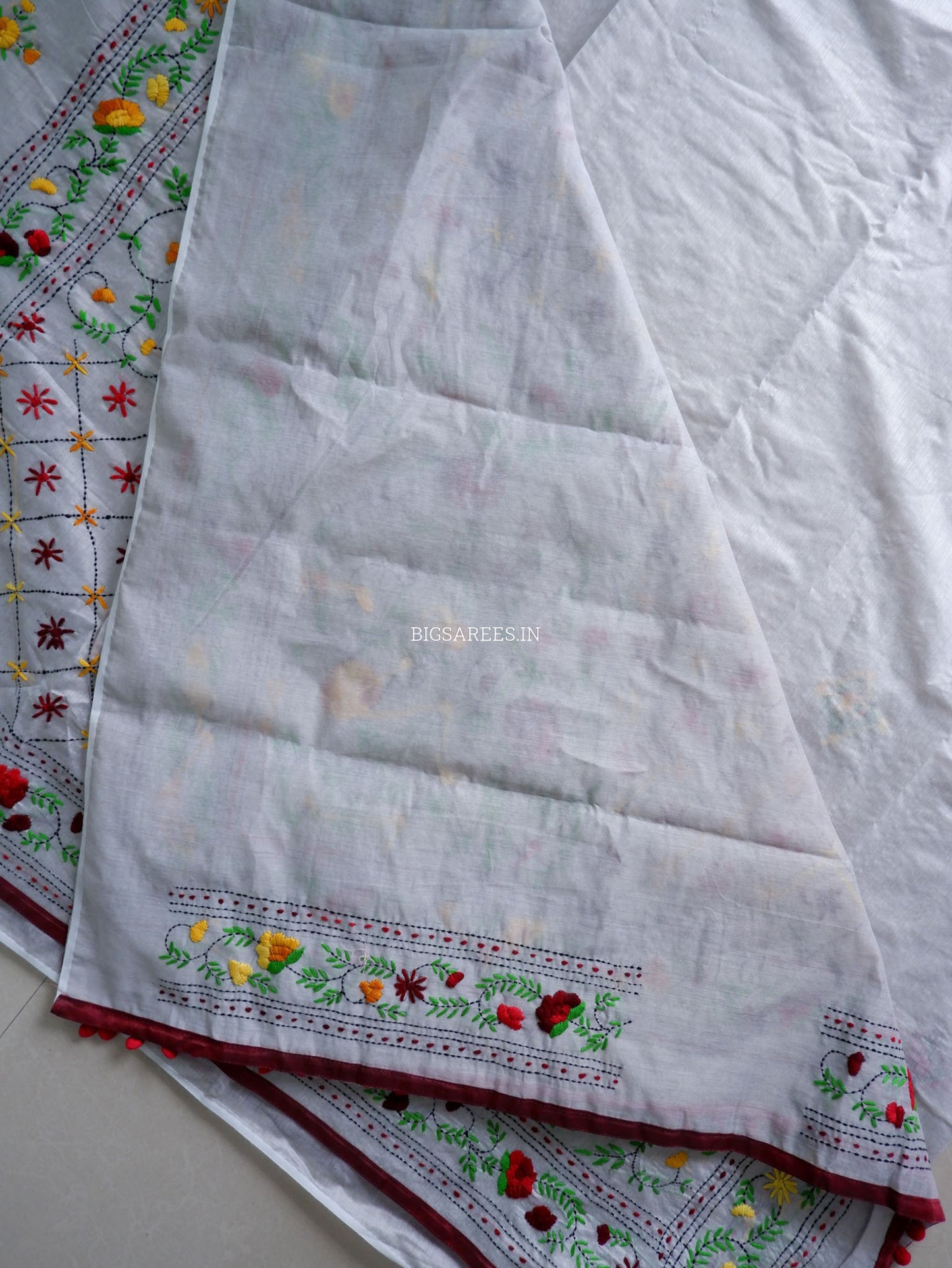 Phulkari Hand-Embroidered Saree | Chanderi Silk | Grey