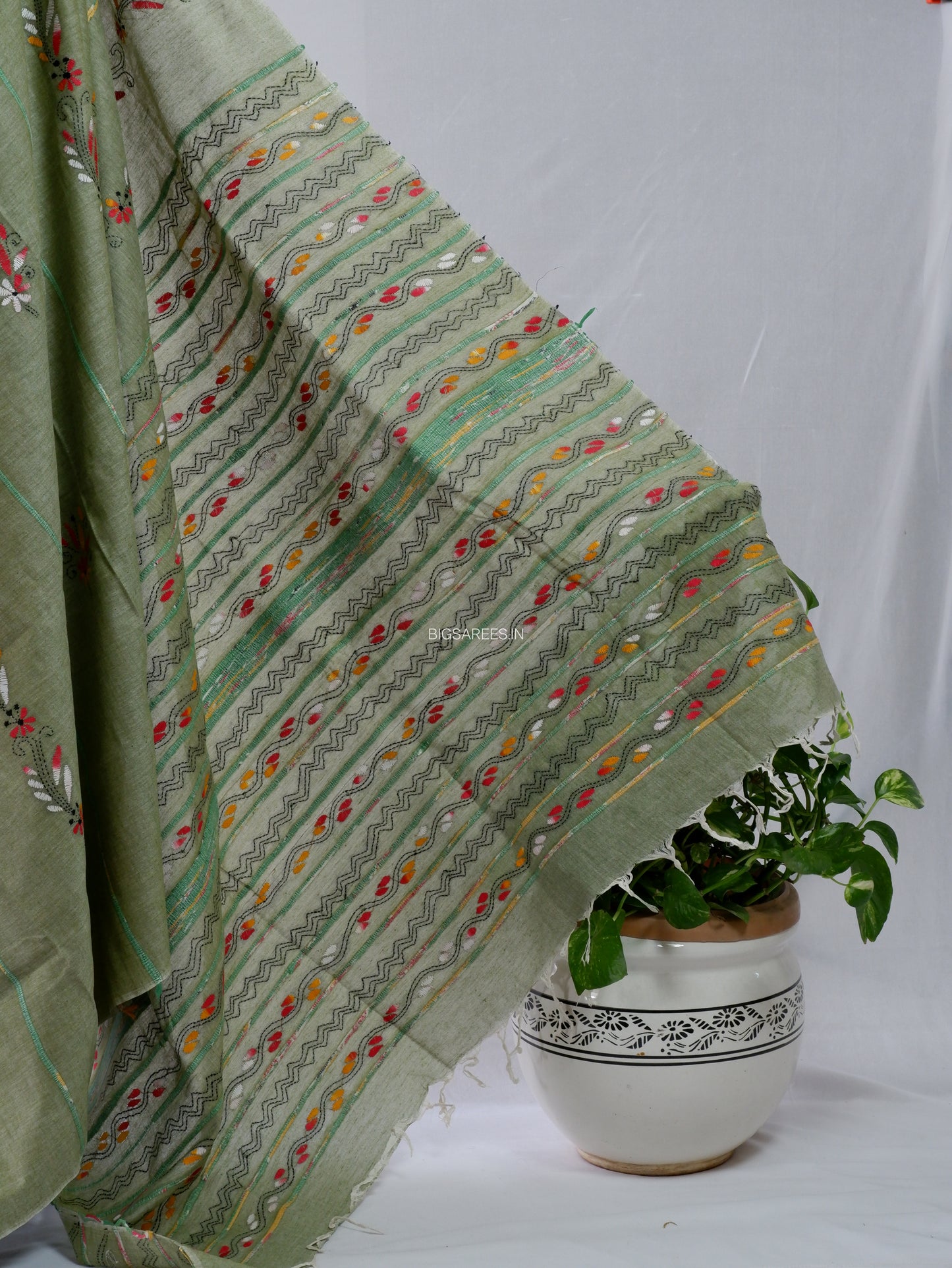 Kantha Stitch Hand-Embroidered Saree | Pure Khesh Cotton | Sage