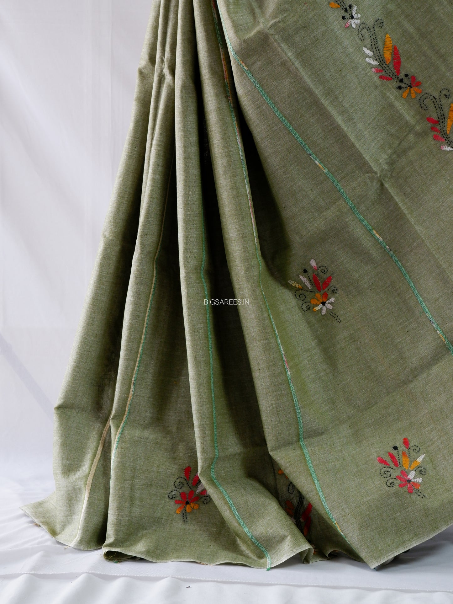Kantha Stitch Hand-Embroidered Saree | Pure Khesh Cotton | Sage