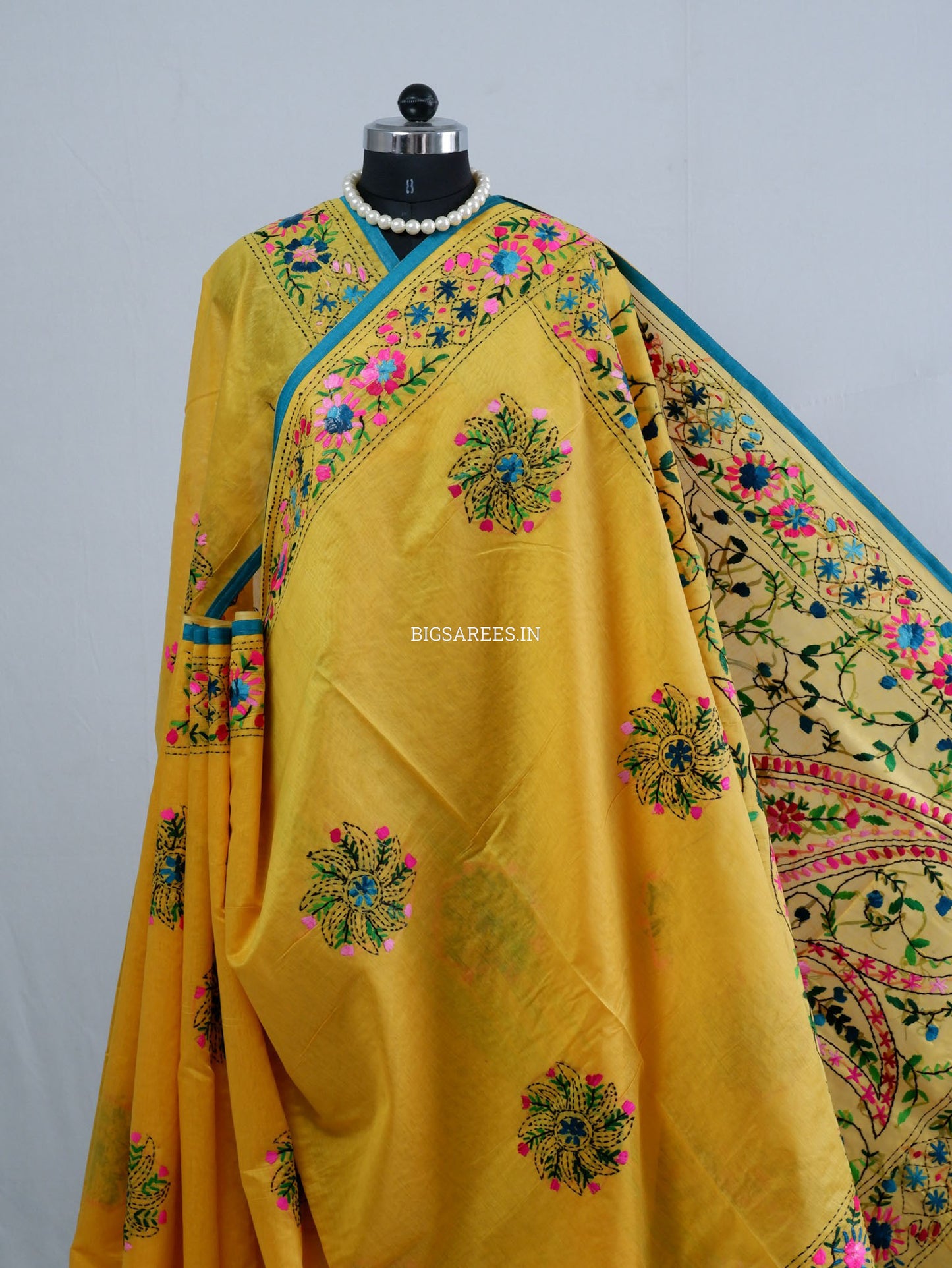 Phulkari Hand-Embroidered Saree | Chanderi Silk | Yellow