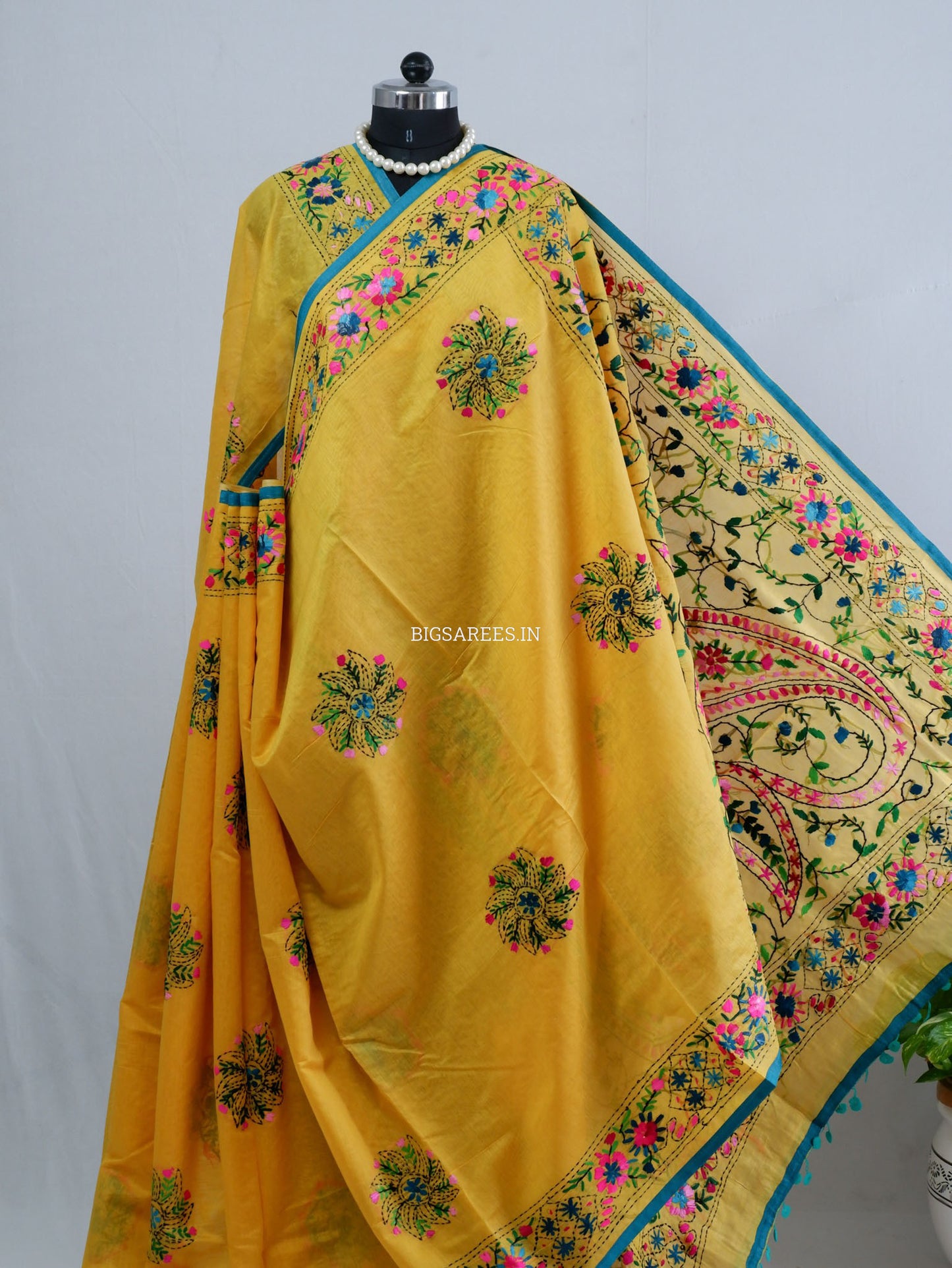 Phulkari Hand-Embroidered Saree | Chanderi Silk | Yellow