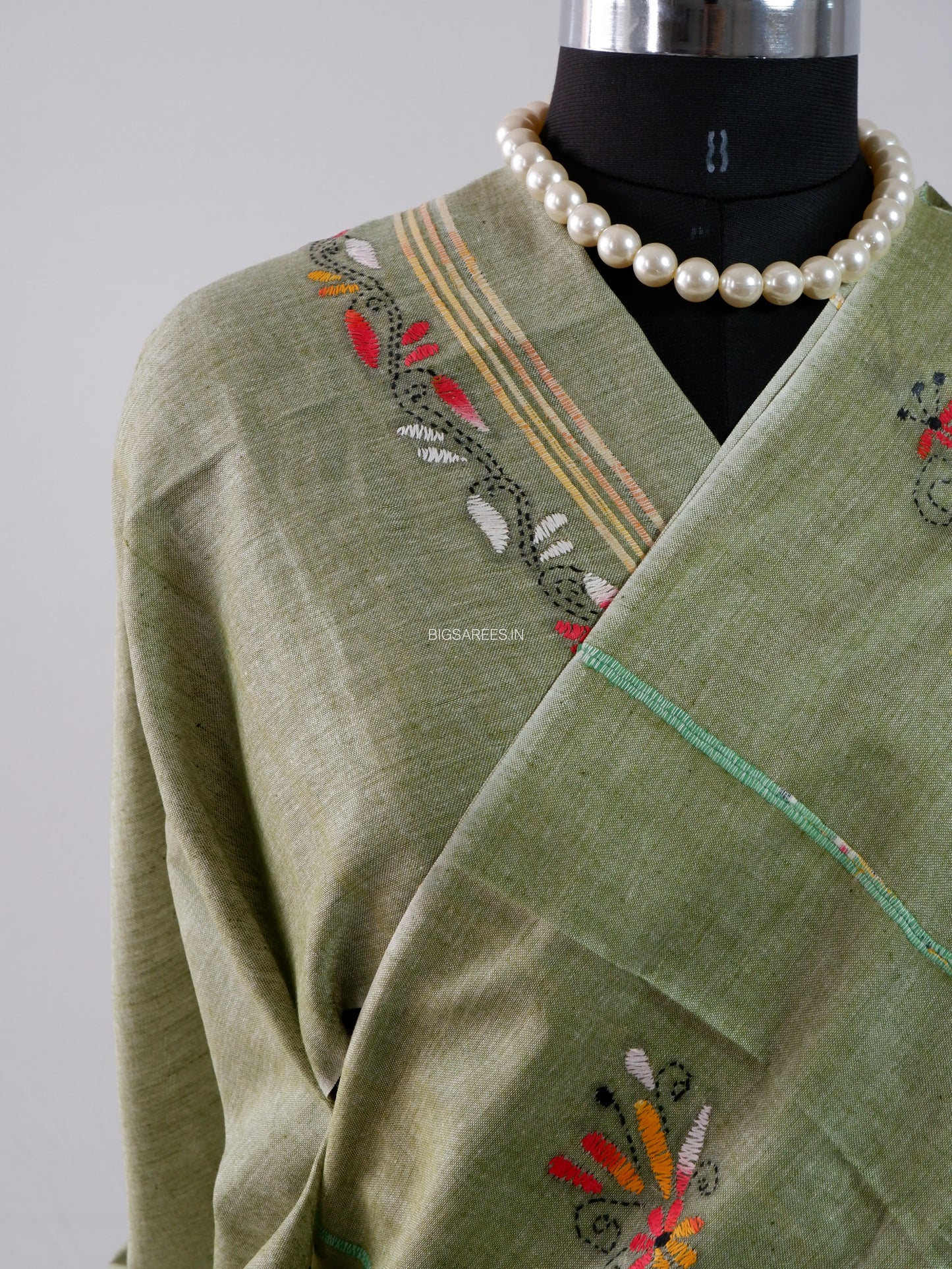 Kantha Stitch Hand-Embroidered Saree | Pure Khesh Cotton | Sage