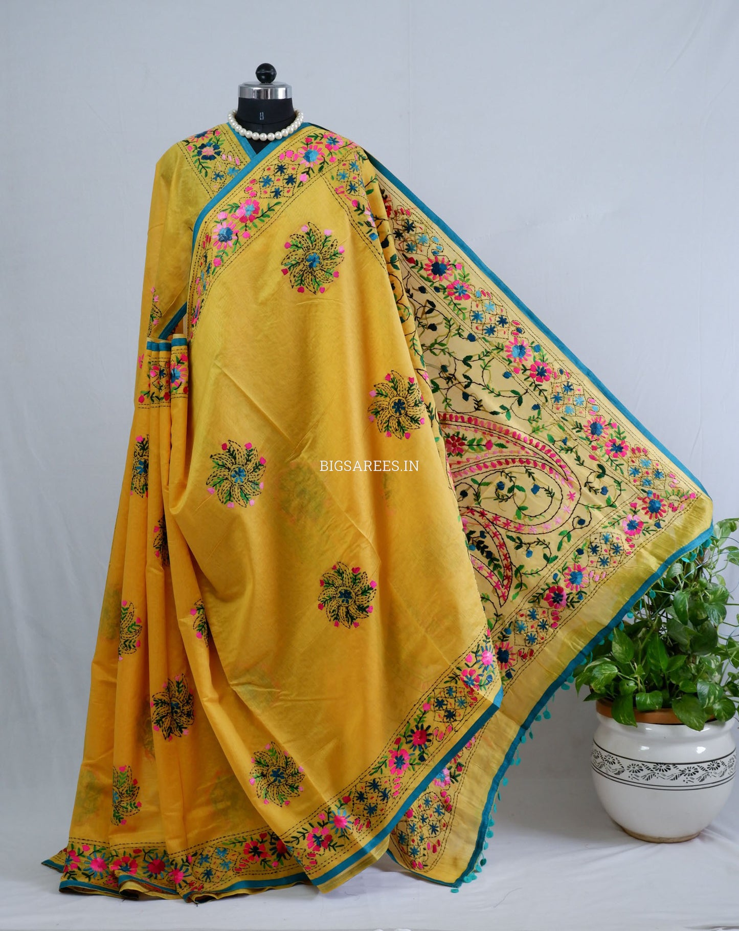 Phulkari Hand-Embroidered Saree | Chanderi Silk | Yellow