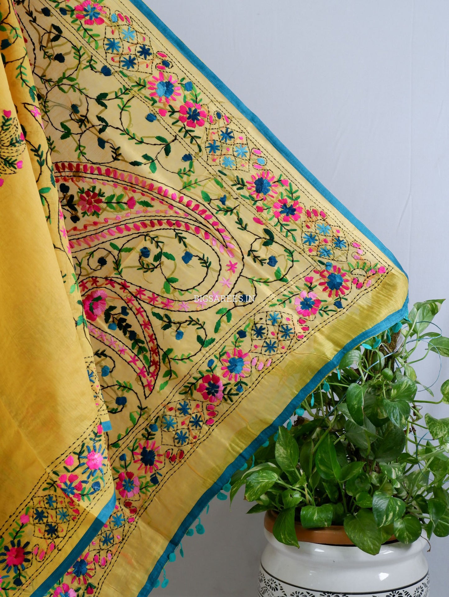 Phulkari Hand-Embroidered Saree | Chanderi Silk | Yellow