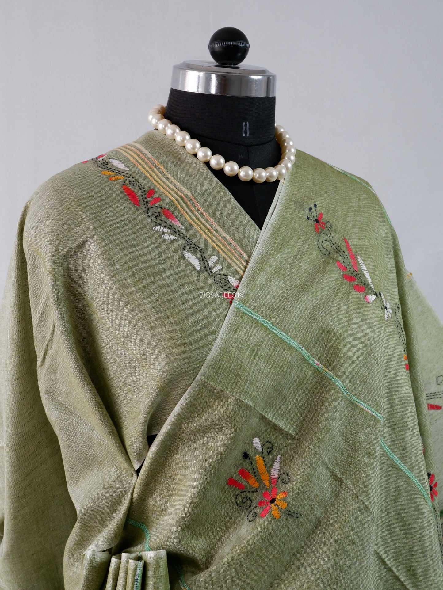 Kantha Stitch Hand-Embroidered Saree | Pure Khesh Cotton | Sage