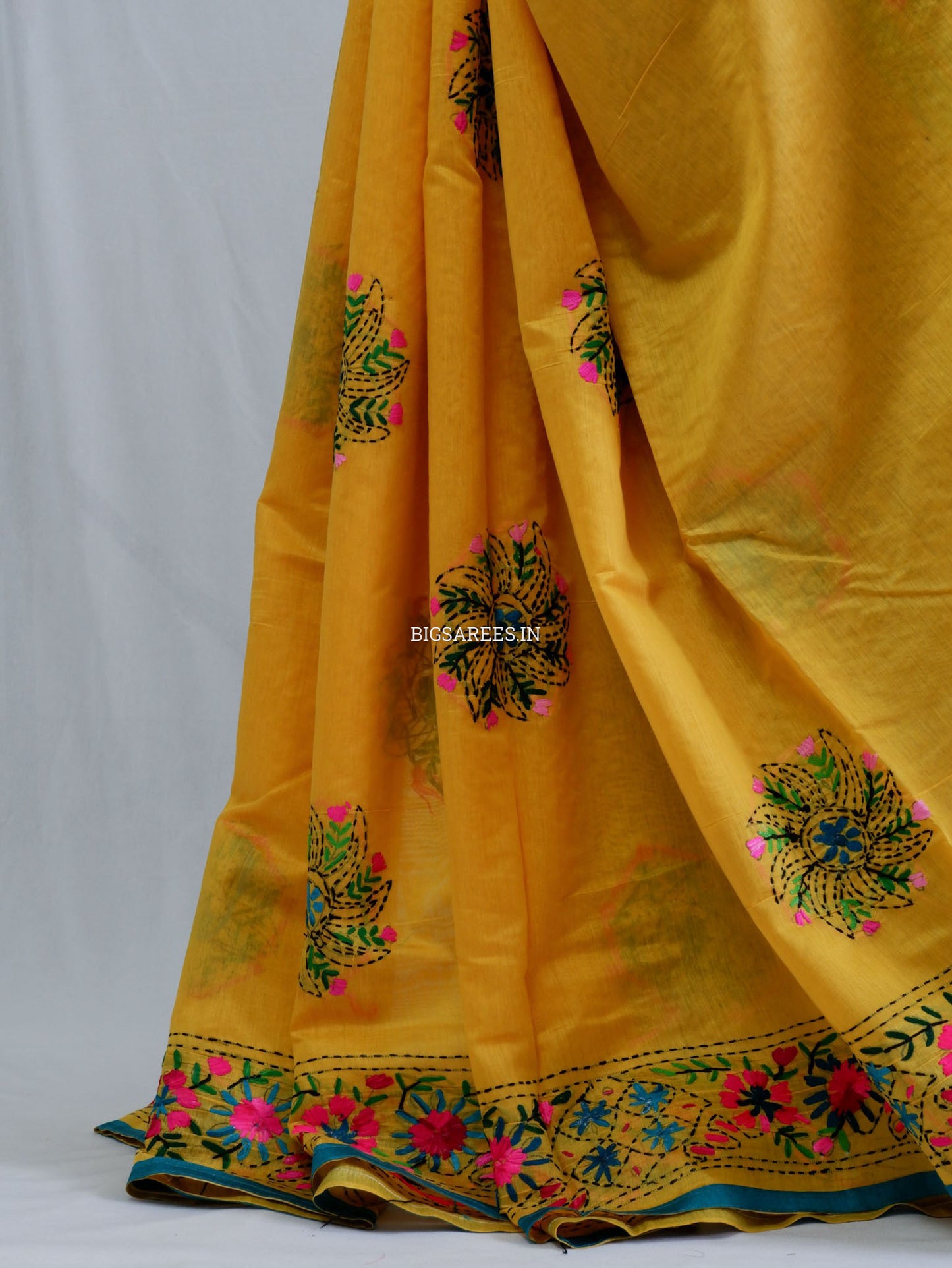 Phulkari Hand-Embroidered Saree | Chanderi Silk | Yellow