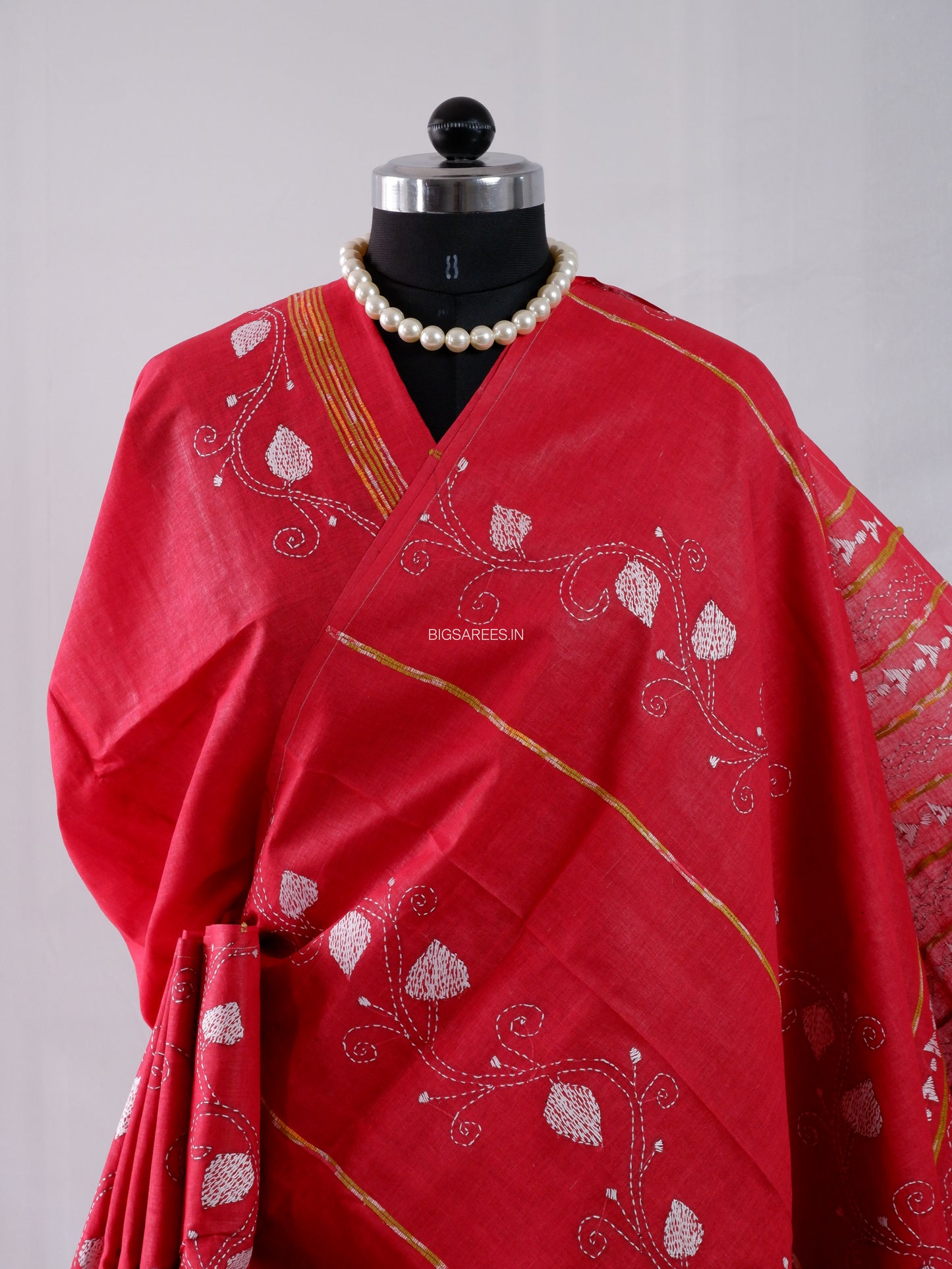 Kantha Stitch Hand-Embroidered Saree | Pure Khesh Cotton | Bright Red