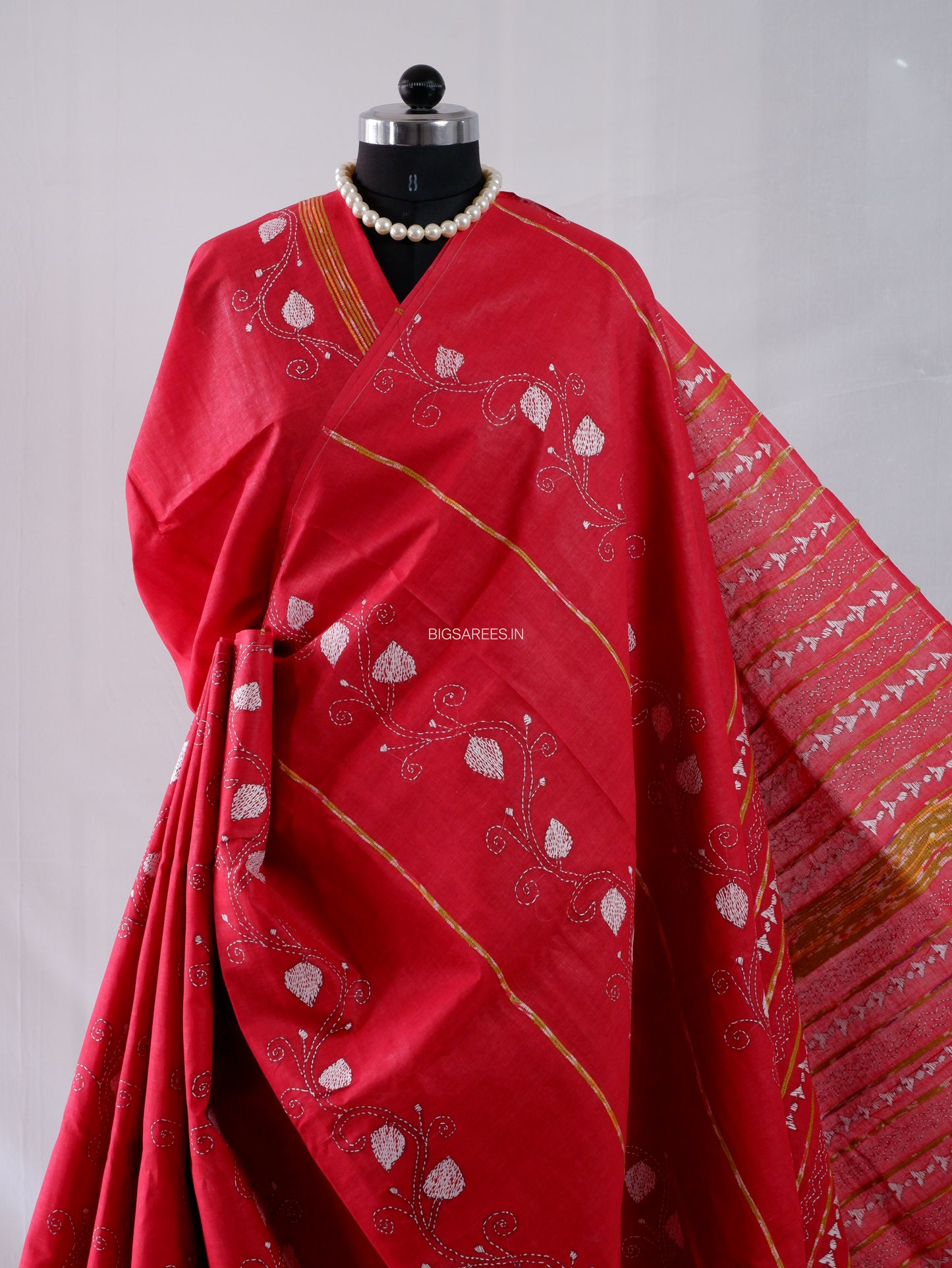 Kantha Stitch Hand-Embroidered Saree | Pure Khesh Cotton | Bright Red