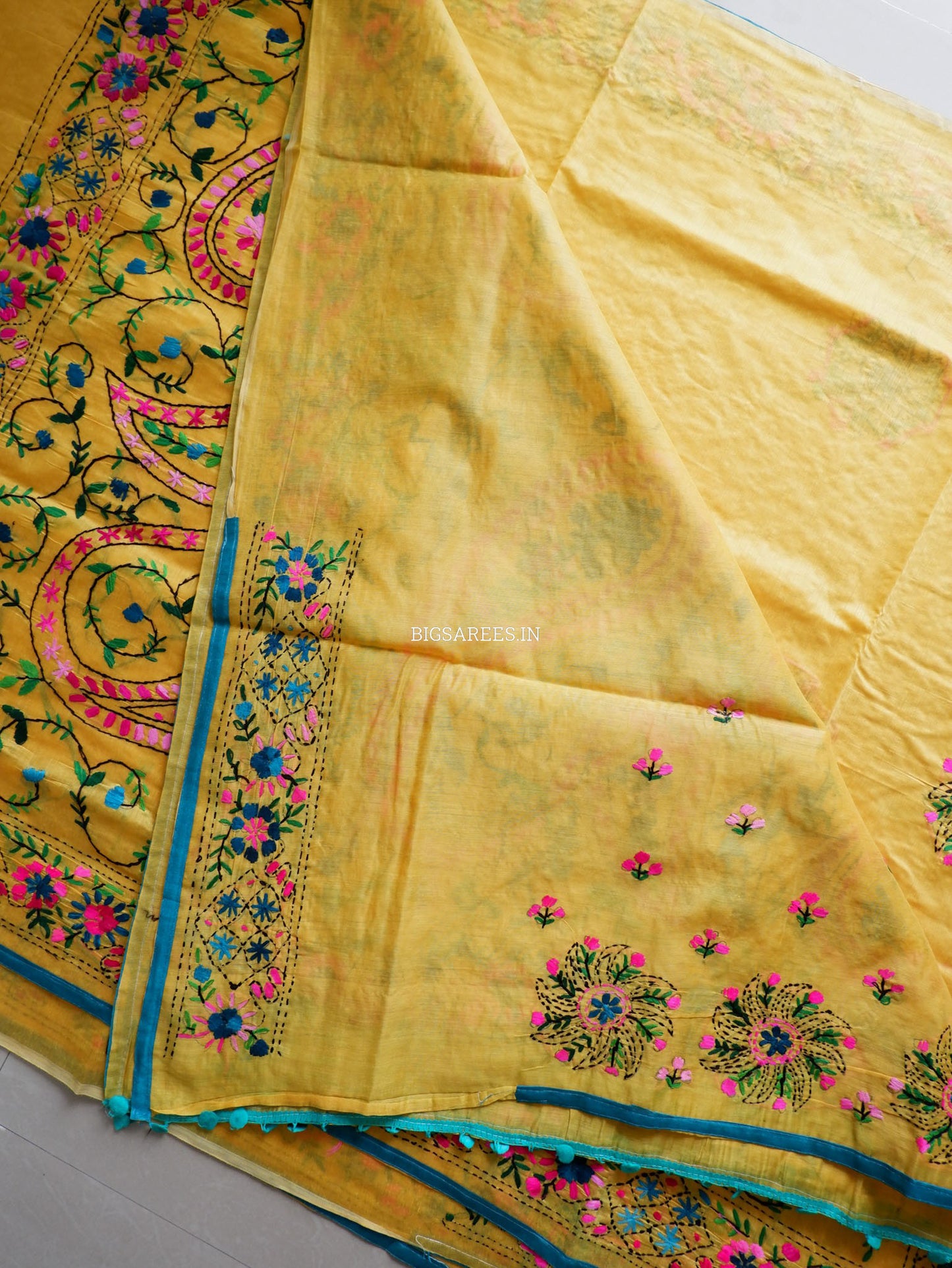 Phulkari Hand-Embroidered Saree | Chanderi Silk | Yellow