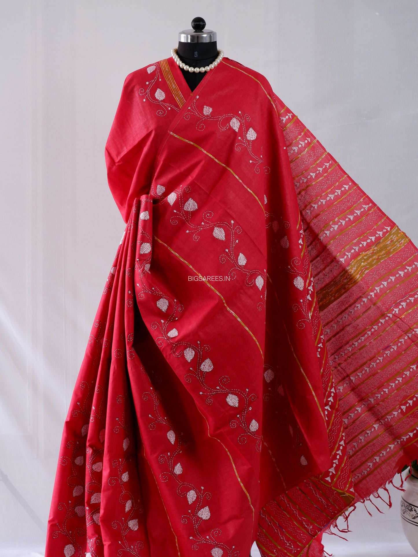 Kantha Stitch Hand-Embroidered Saree | Pure Khesh Cotton | Bright Red