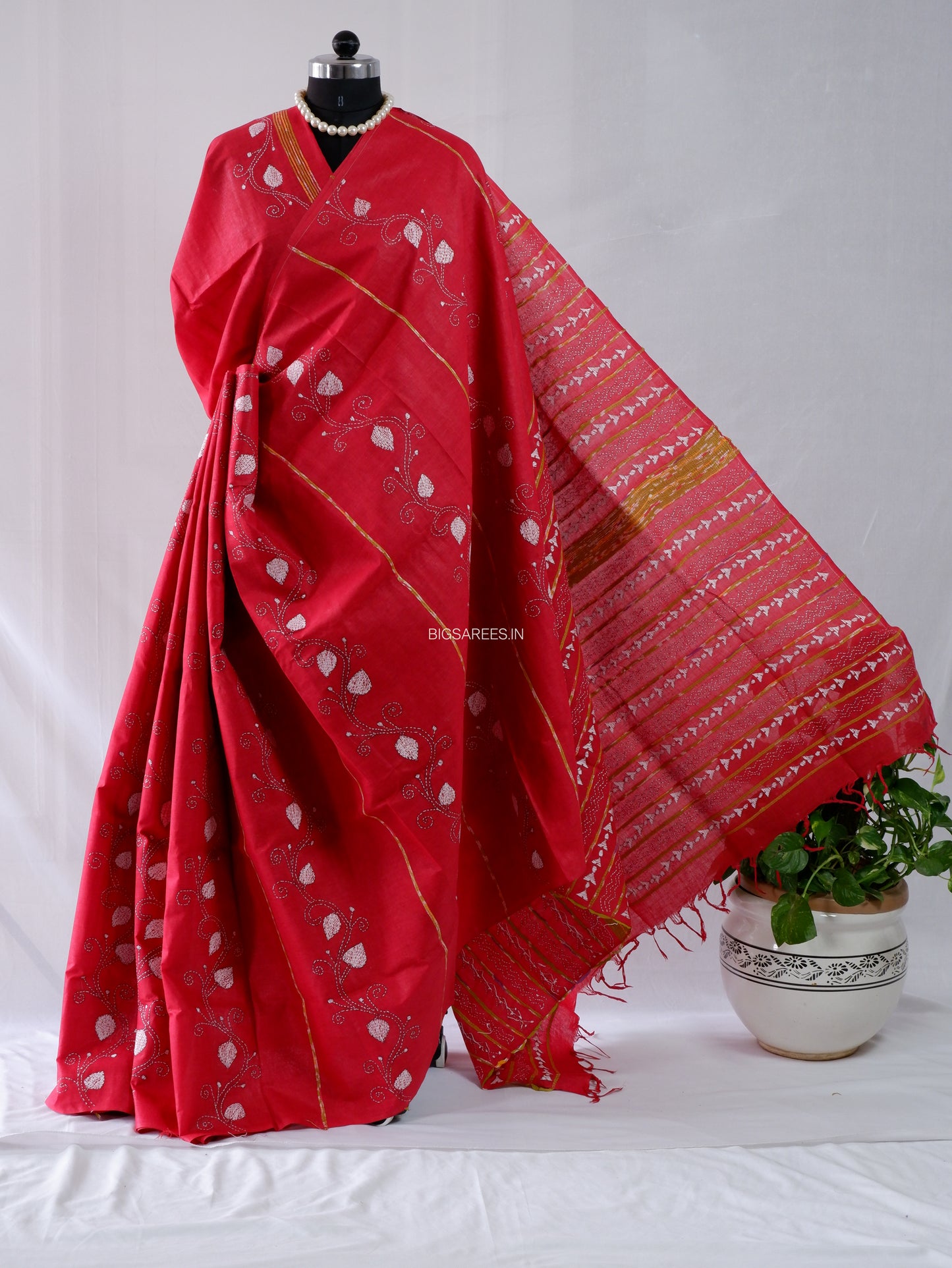 Kantha Stitch Hand-Embroidered Saree | Pure Khesh Cotton | Bright Red