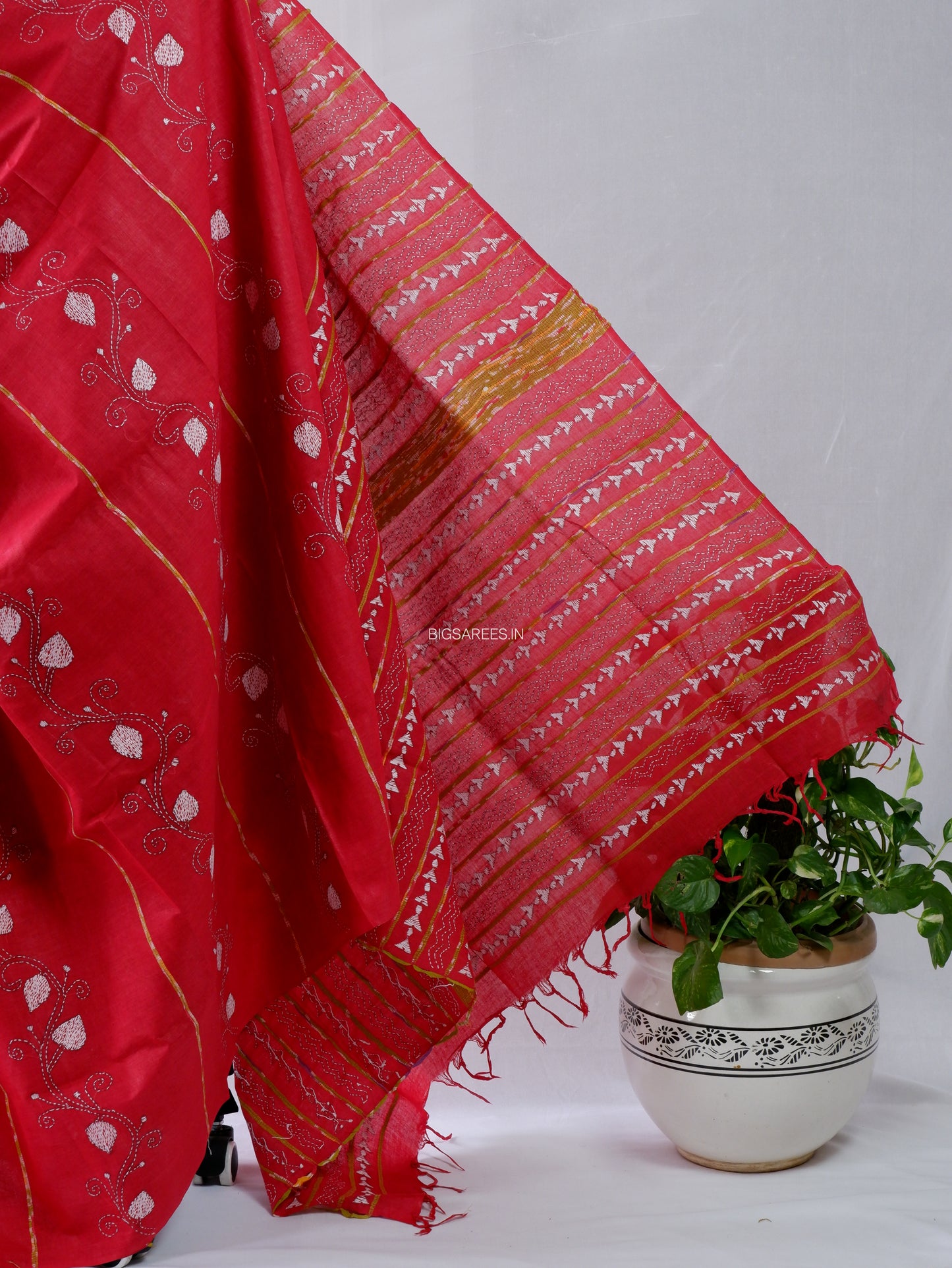 Kantha Stitch Hand-Embroidered Saree | Pure Khesh Cotton | Bright Red