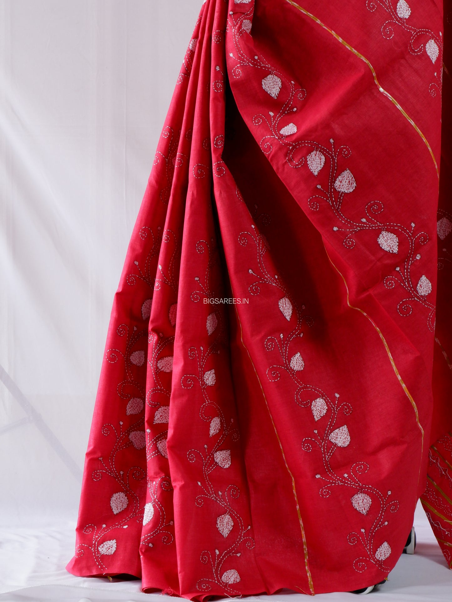 Kantha Stitch Hand-Embroidered Saree | Pure Khesh Cotton | Bright Red