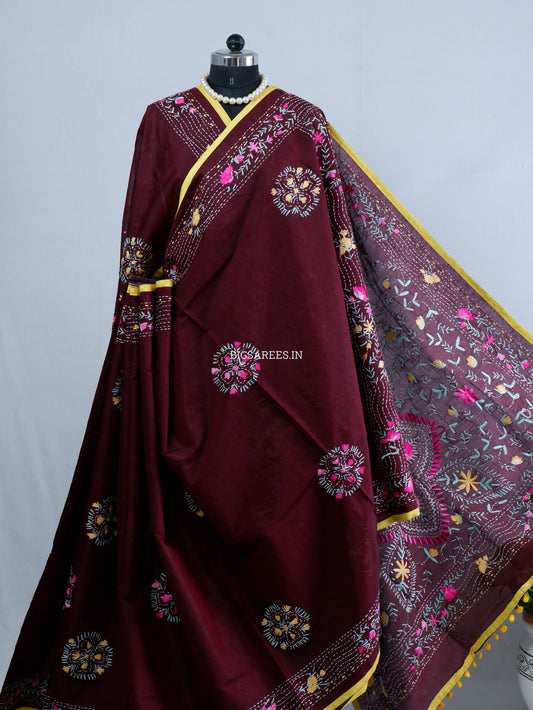 Phulkari Hand-Embroidered Saree | Chanderi Silk | Dark Maroon