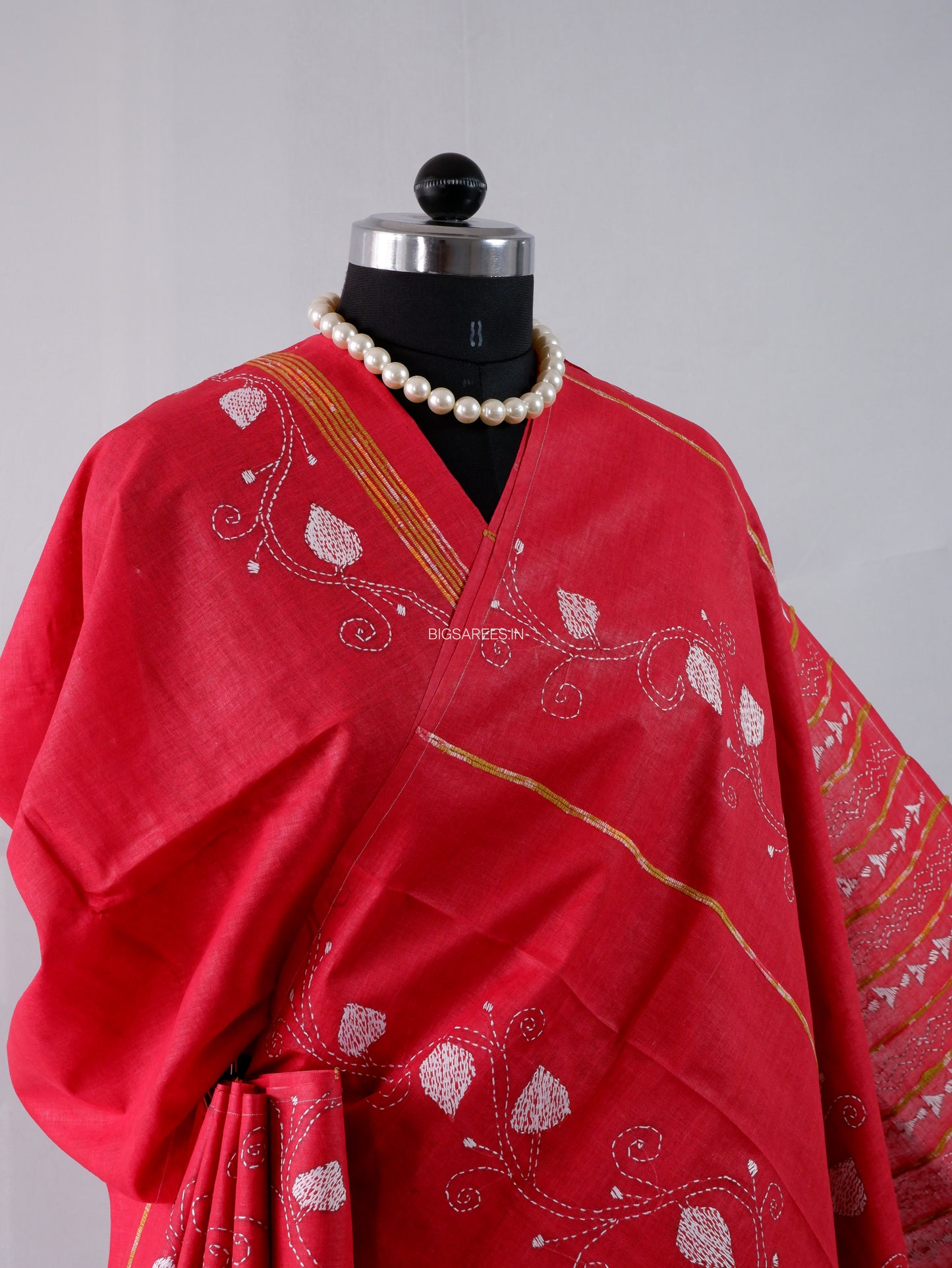 Kantha Stitch Hand-Embroidered Saree | Pure Khesh Cotton | Bright Red