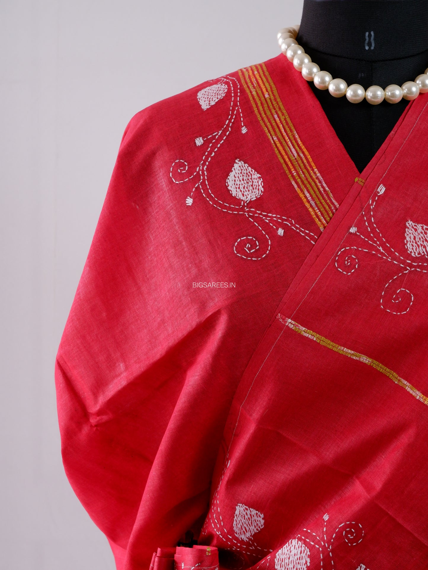 Kantha Stitch Hand-Embroidered Saree | Pure Khesh Cotton | Bright Red
