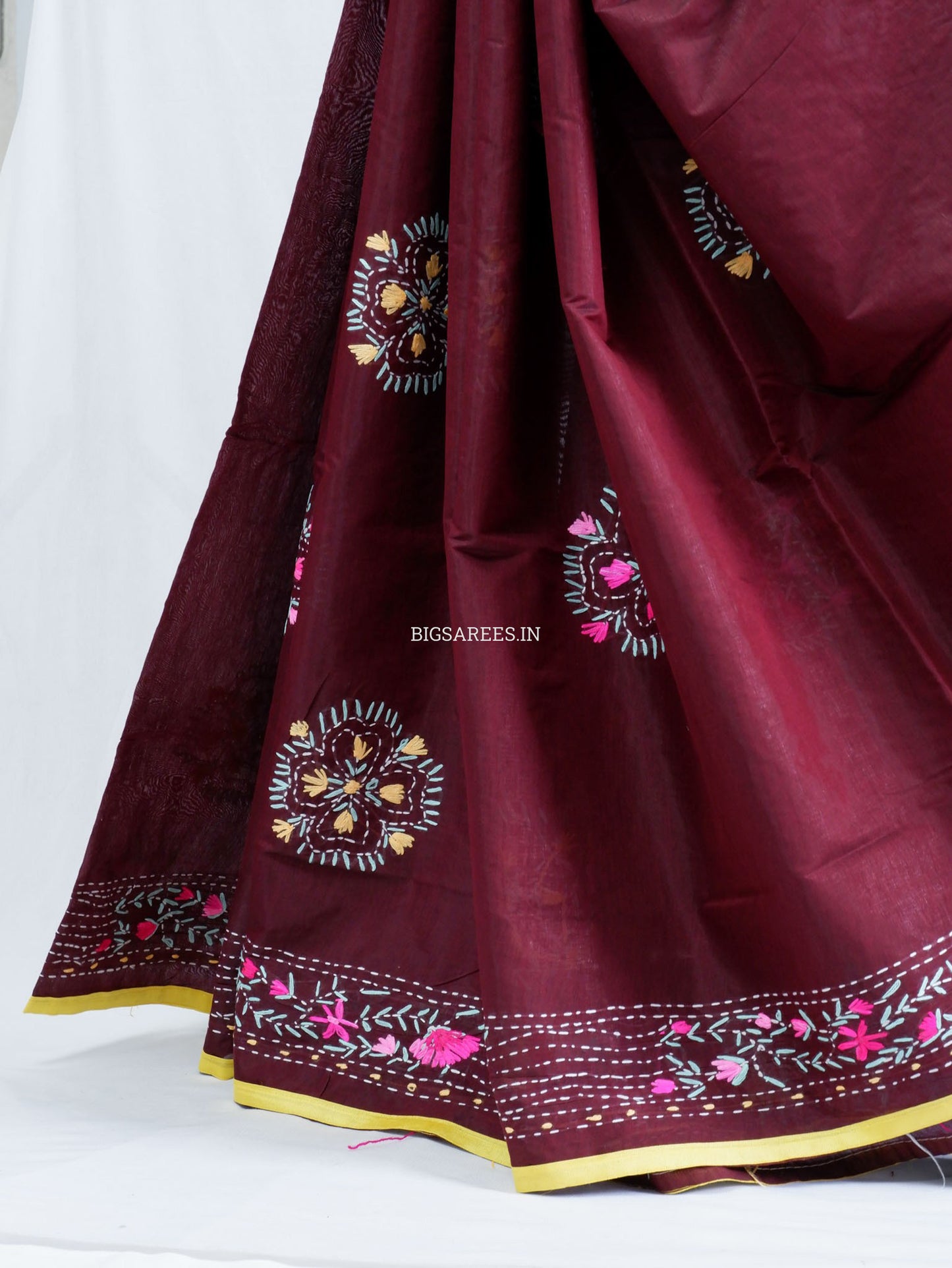 Phulkari Hand-Embroidered Saree | Chanderi Silk | Dark Maroon