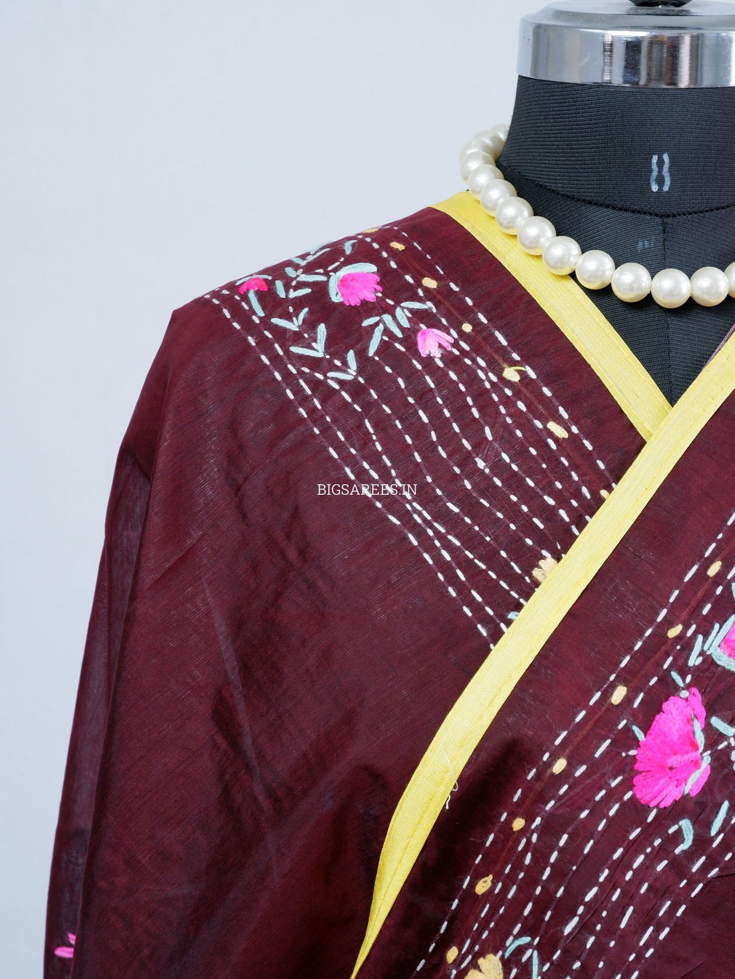 Phulkari Hand-Embroidered Saree | Chanderi Silk | Dark Maroon