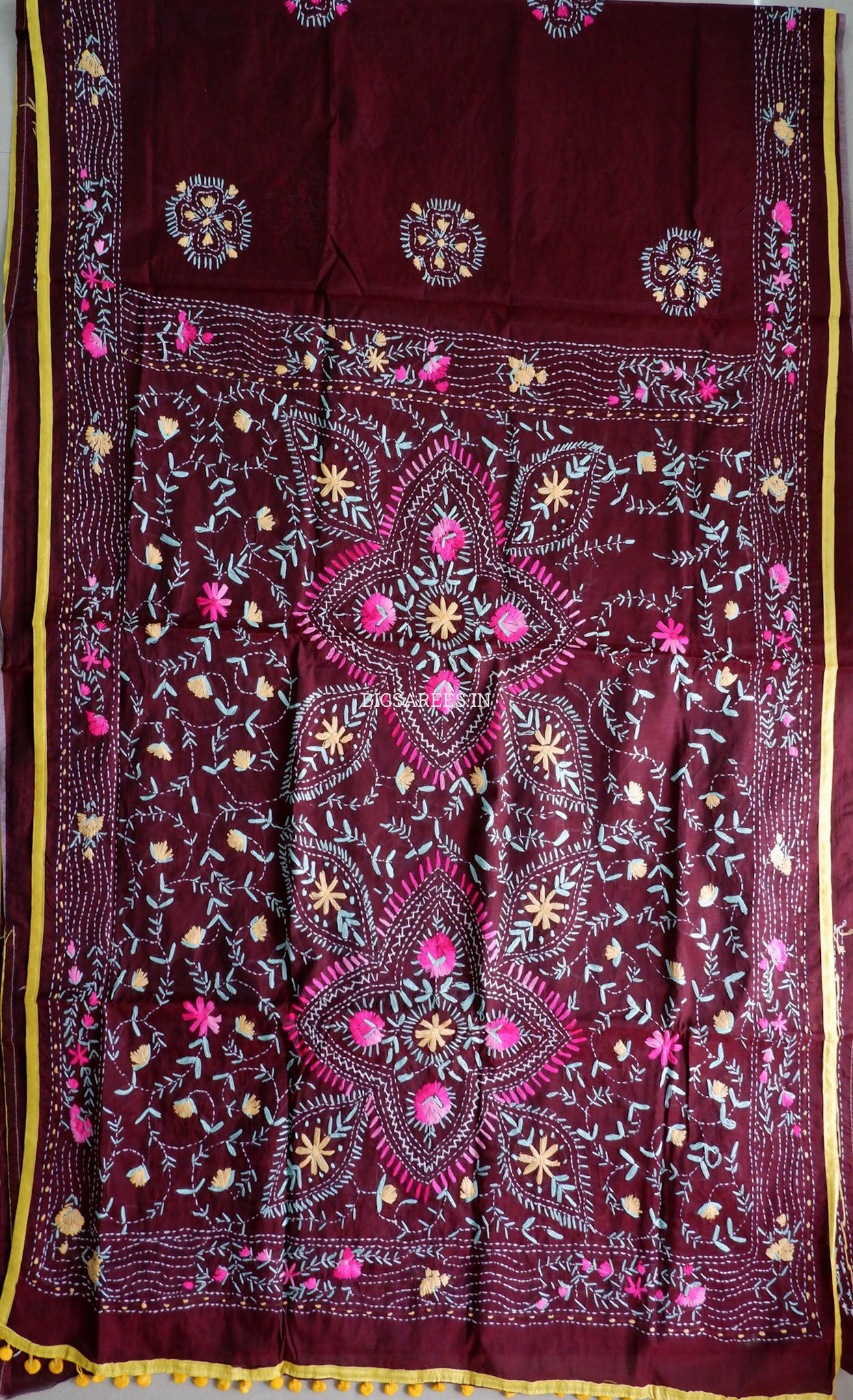 Phulkari Hand-Embroidered Saree | Chanderi Silk | Dark Maroon