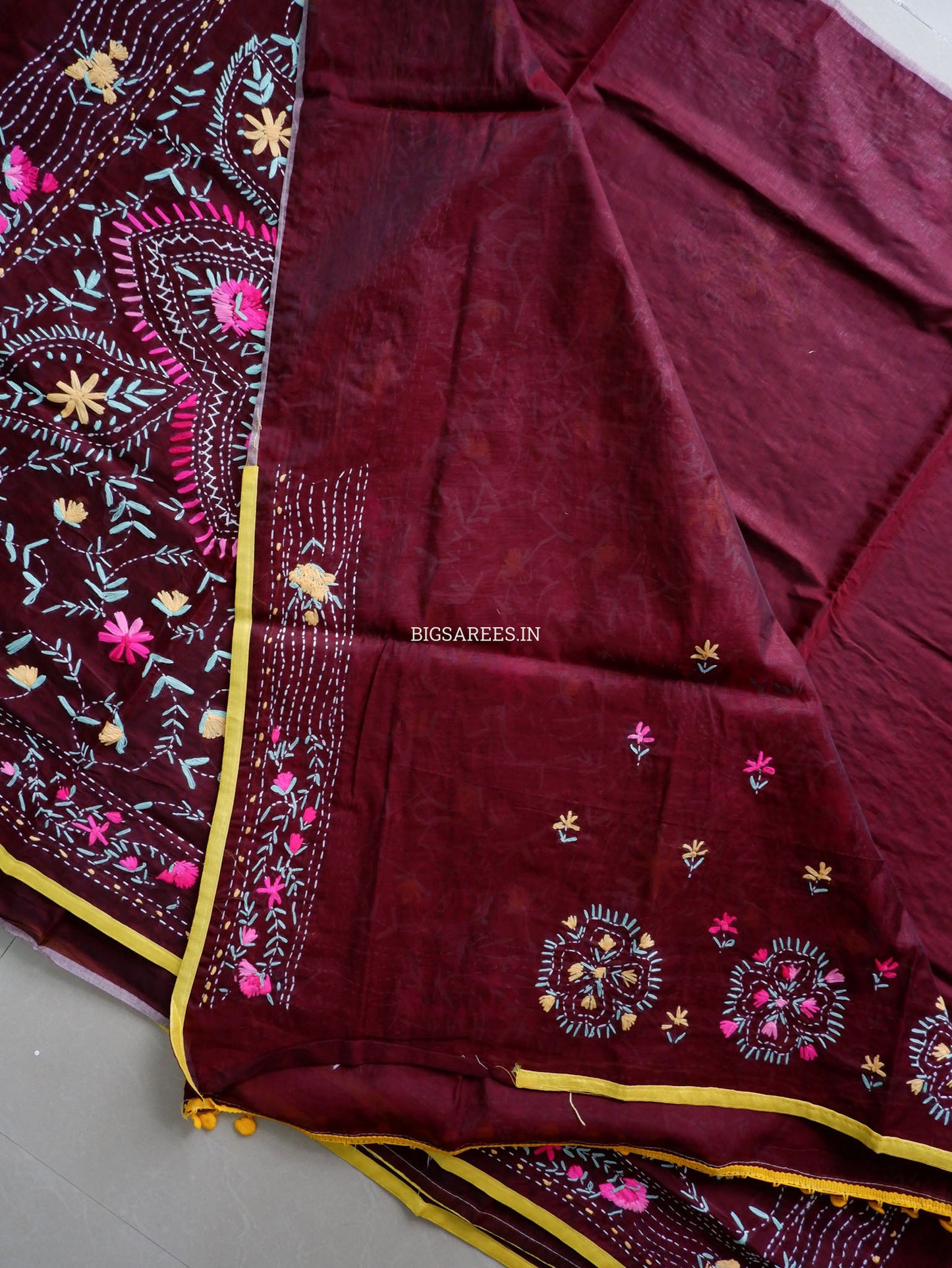 Phulkari Hand-Embroidered Saree | Chanderi Silk | Dark Maroon