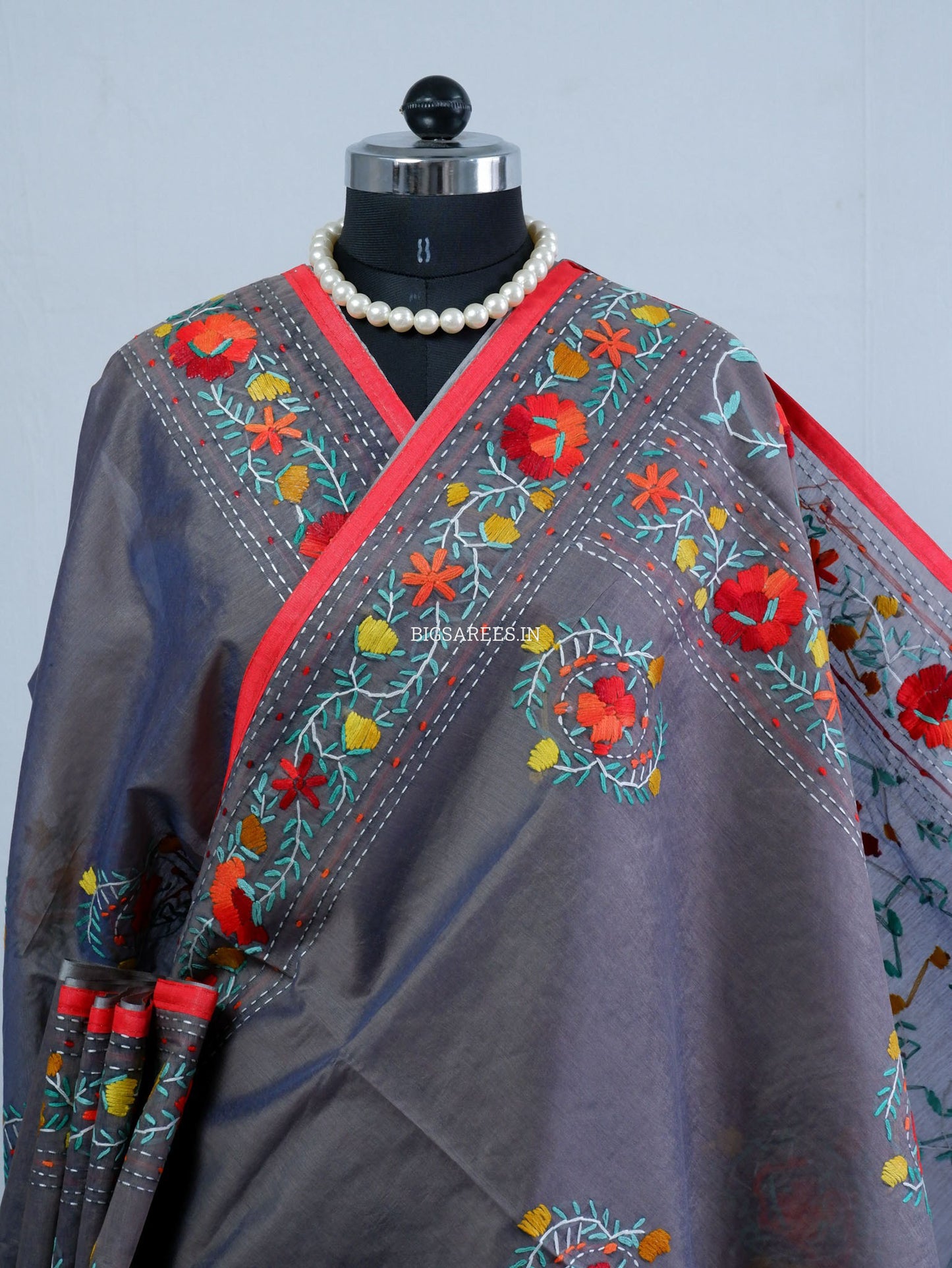 Phulkari Hand-Embroidered Saree | Chanderi Silk | Grey