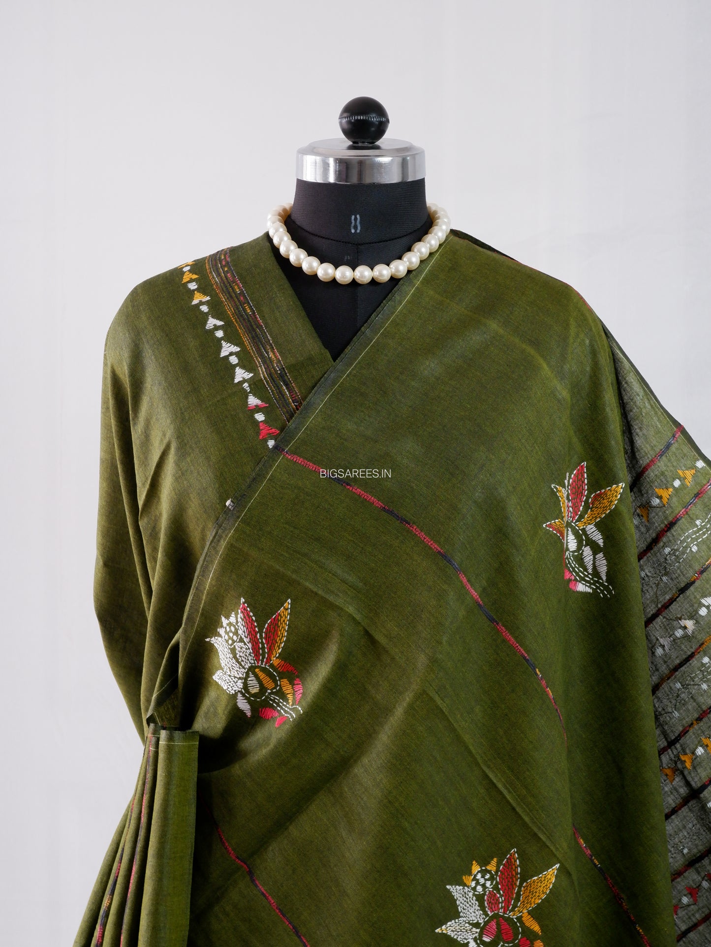 Kantha Stitch Hand-Embroidered Saree | Pure Khesh Cotton | Mehendi Green