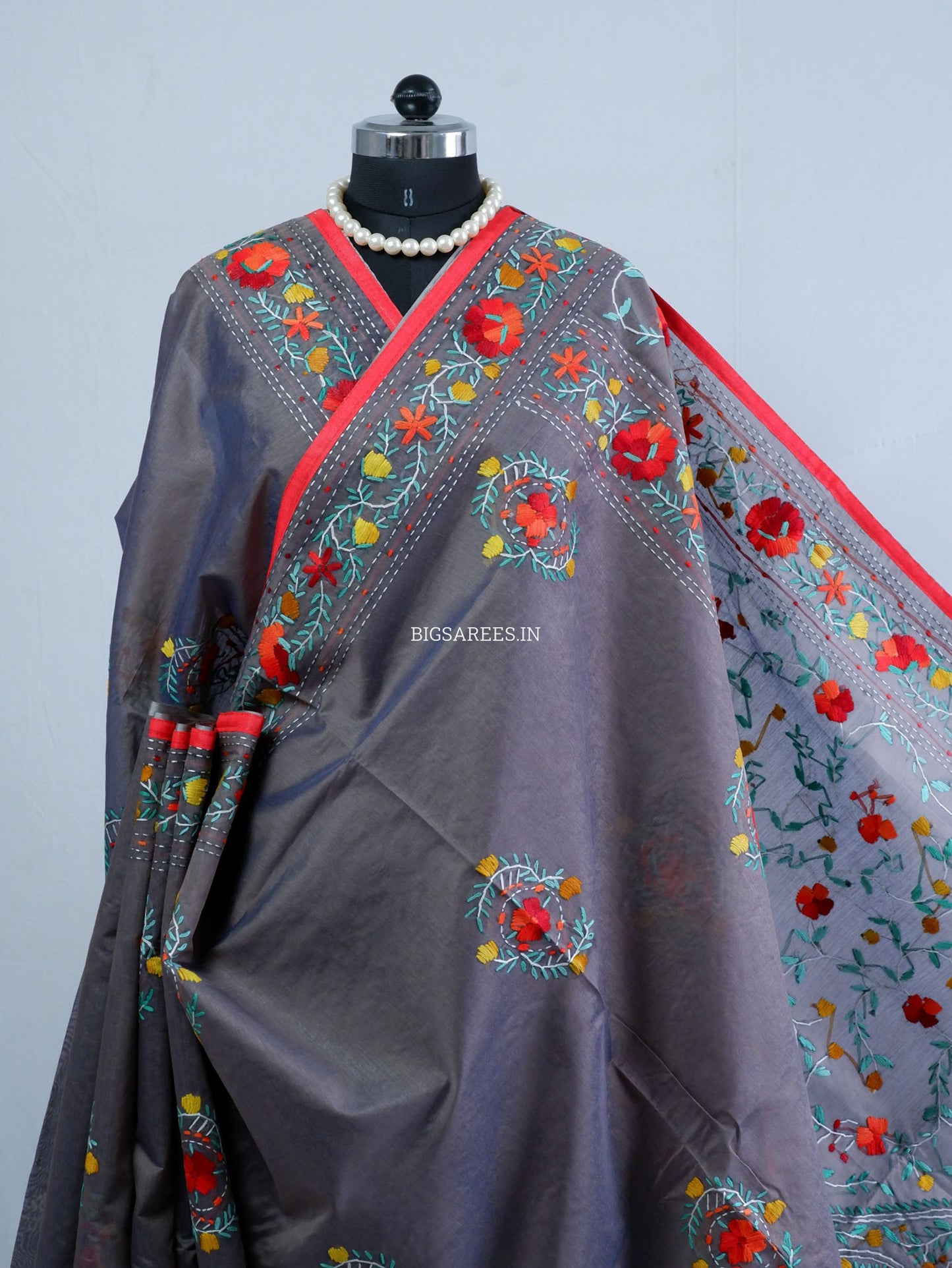 Phulkari Hand-Embroidered Saree | Chanderi Silk | Grey