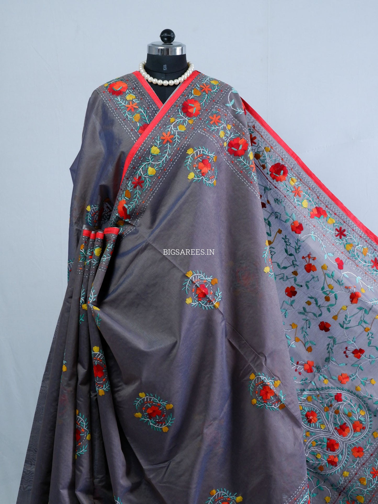 Phulkari Hand-Embroidered Saree | Chanderi Silk | Grey