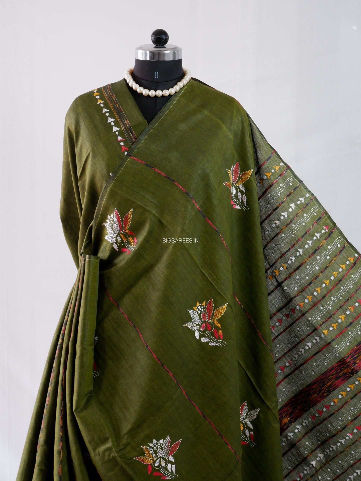 Kantha Stitch Hand-Embroidered Saree | Pure Khesh Cotton | Mehendi Green