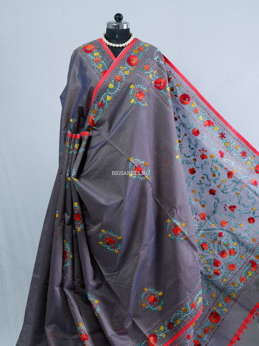 Phulkari Hand-Embroidered Saree | Chanderi Silk | Grey