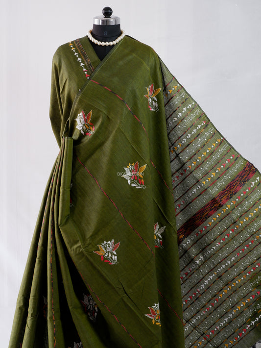 Kantha Stitch Hand-Embroidered Saree | Pure Khesh Cotton | Mehendi Green