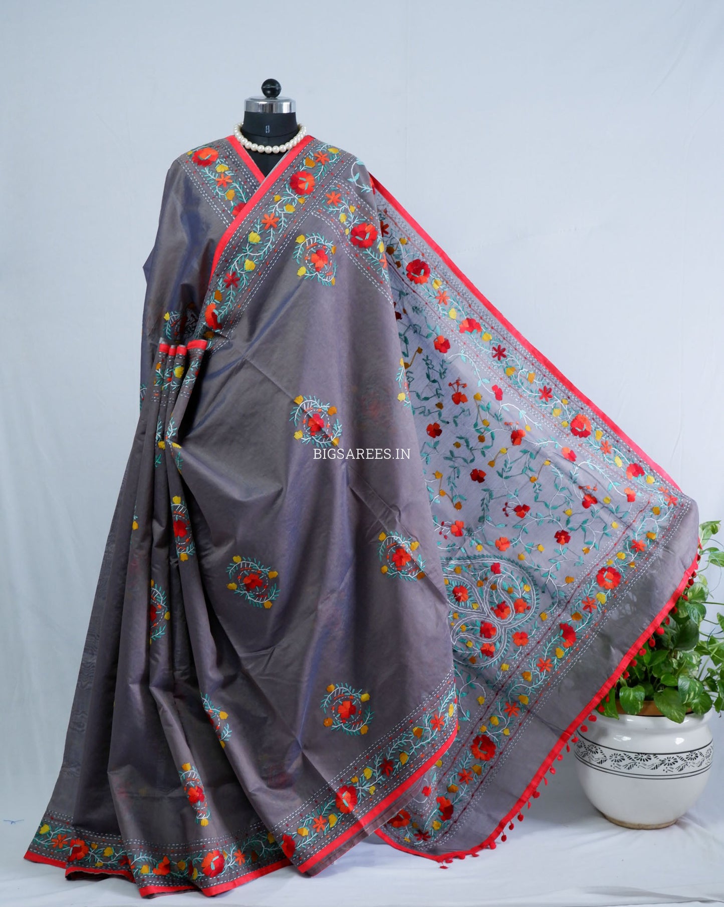 Phulkari Hand-Embroidered Saree | Chanderi Silk | Grey