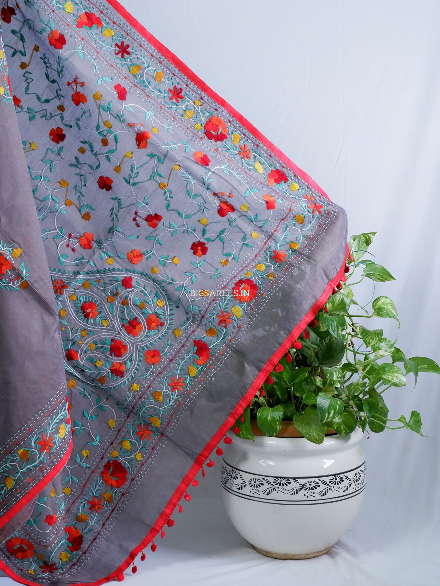 Phulkari Hand-Embroidered Saree | Chanderi Silk | Grey