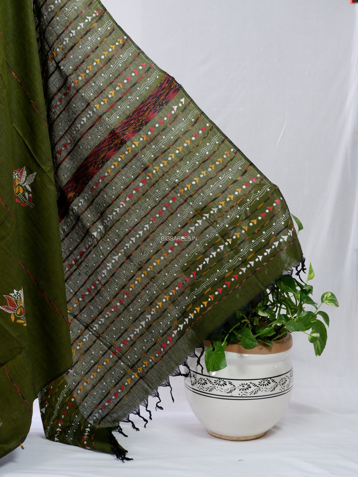 Kantha Stitch Hand-Embroidered Saree | Pure Khesh Cotton | Mehendi Green
