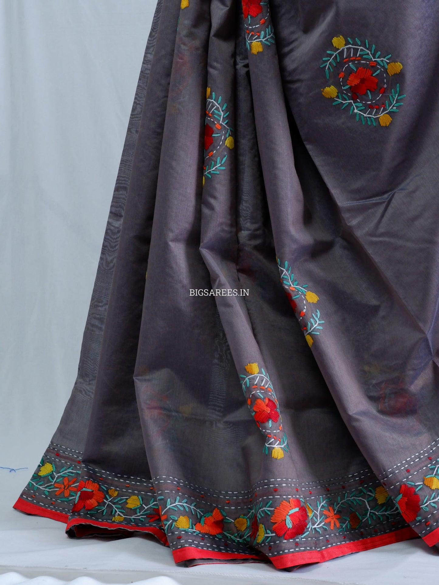 Phulkari Hand-Embroidered Saree | Chanderi Silk | Grey