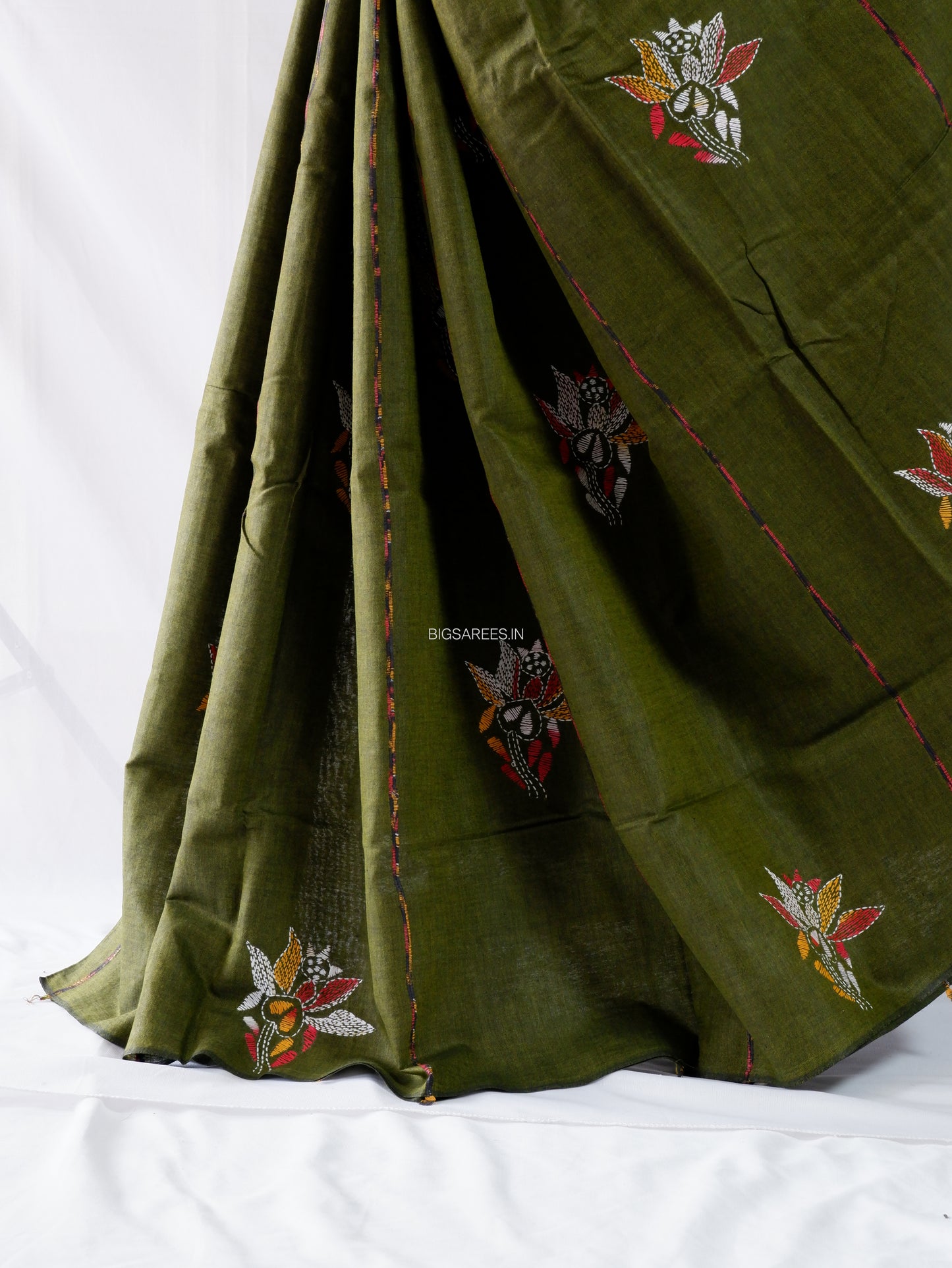 Kantha Stitch Hand-Embroidered Saree | Pure Khesh Cotton | Mehendi Green