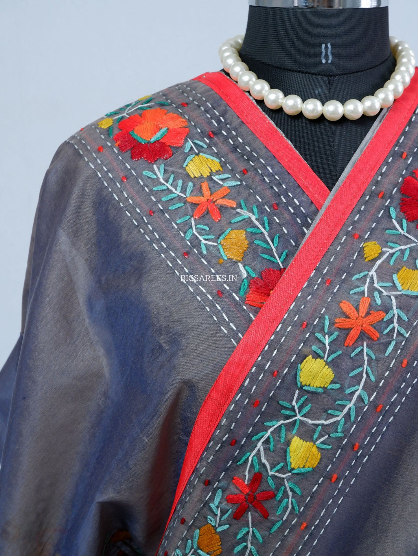 Phulkari Hand-Embroidered Saree | Chanderi Silk | Grey